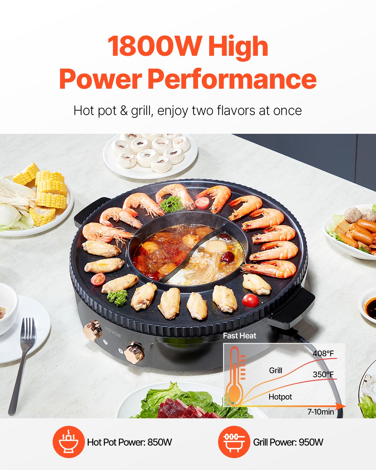 VEVOR Hot Pot with Grill 1800W 2-in-1 Electric Smokeless Grill Hot Pot for 2-8