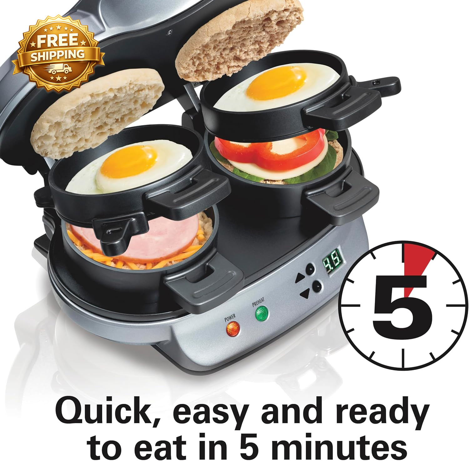 Dual Breakfast Sandwich Maker with Egg Cooker Rings Timer Perfect