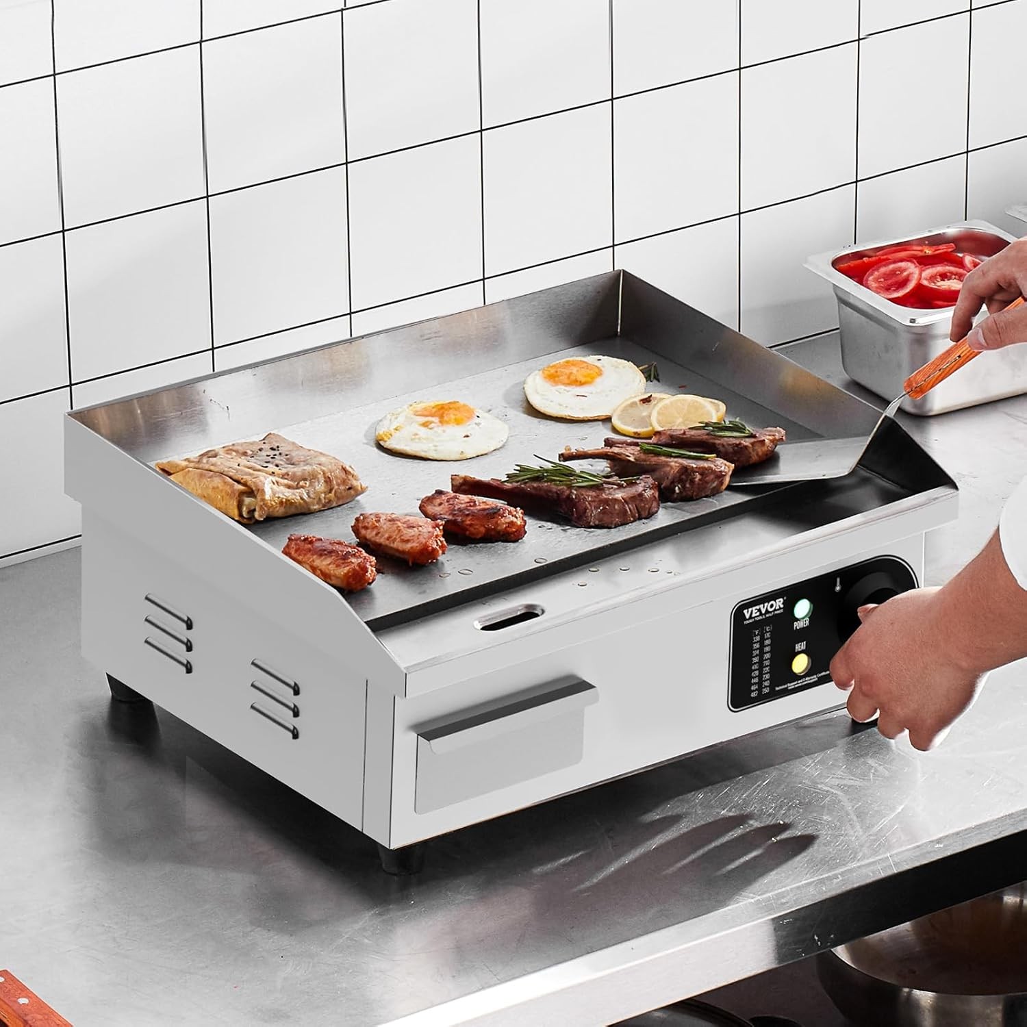 1700W Commercial Electric Griddle 18in Stainless Steel Flat Top Adjustable Temp