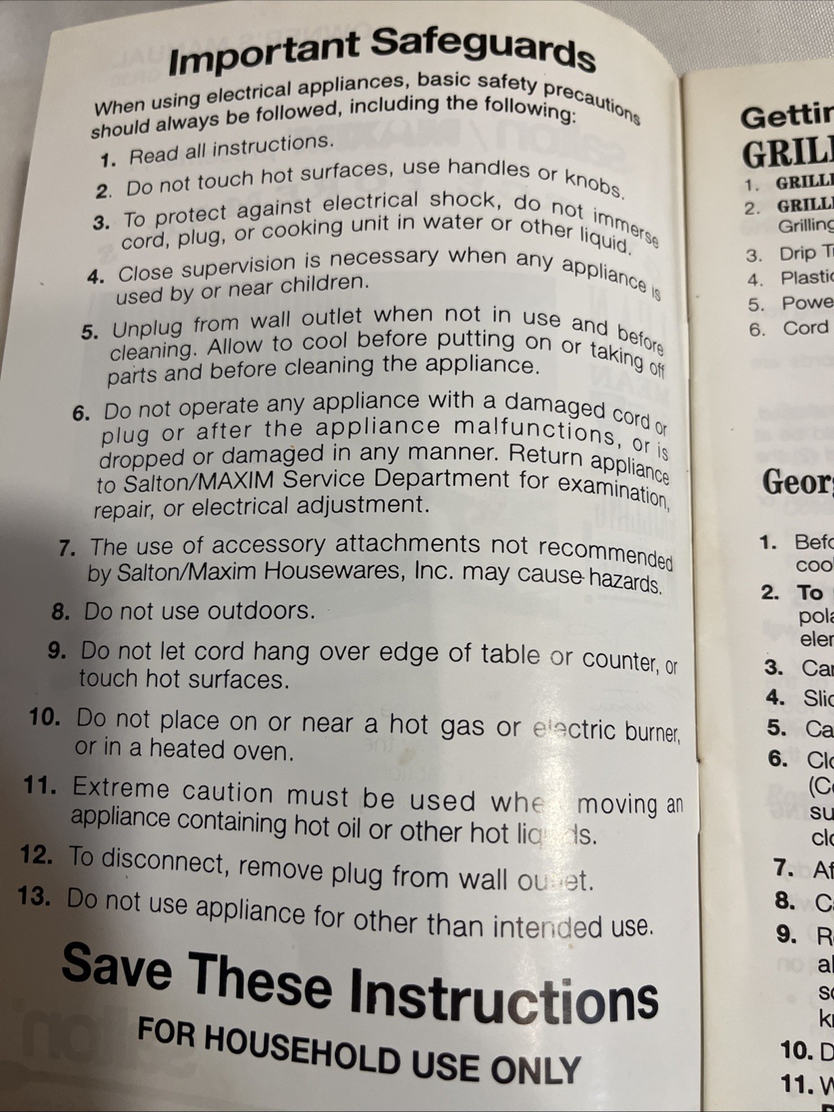 George Foreman Grill GR30 Owner’s Manual User Guide & Recipes