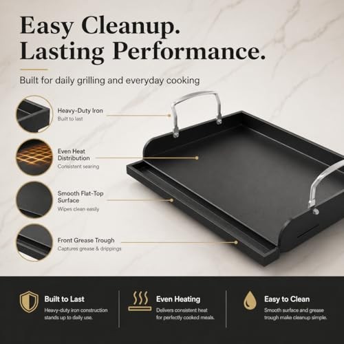 Cast Iron 17x13in Nonstick Flat Top Griddle for Gas Grill
