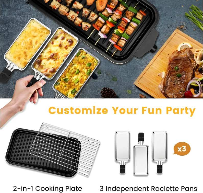 Parrilla eléctrica 1500W 2 en 1 sin humo placas grill plancha raclette portátil