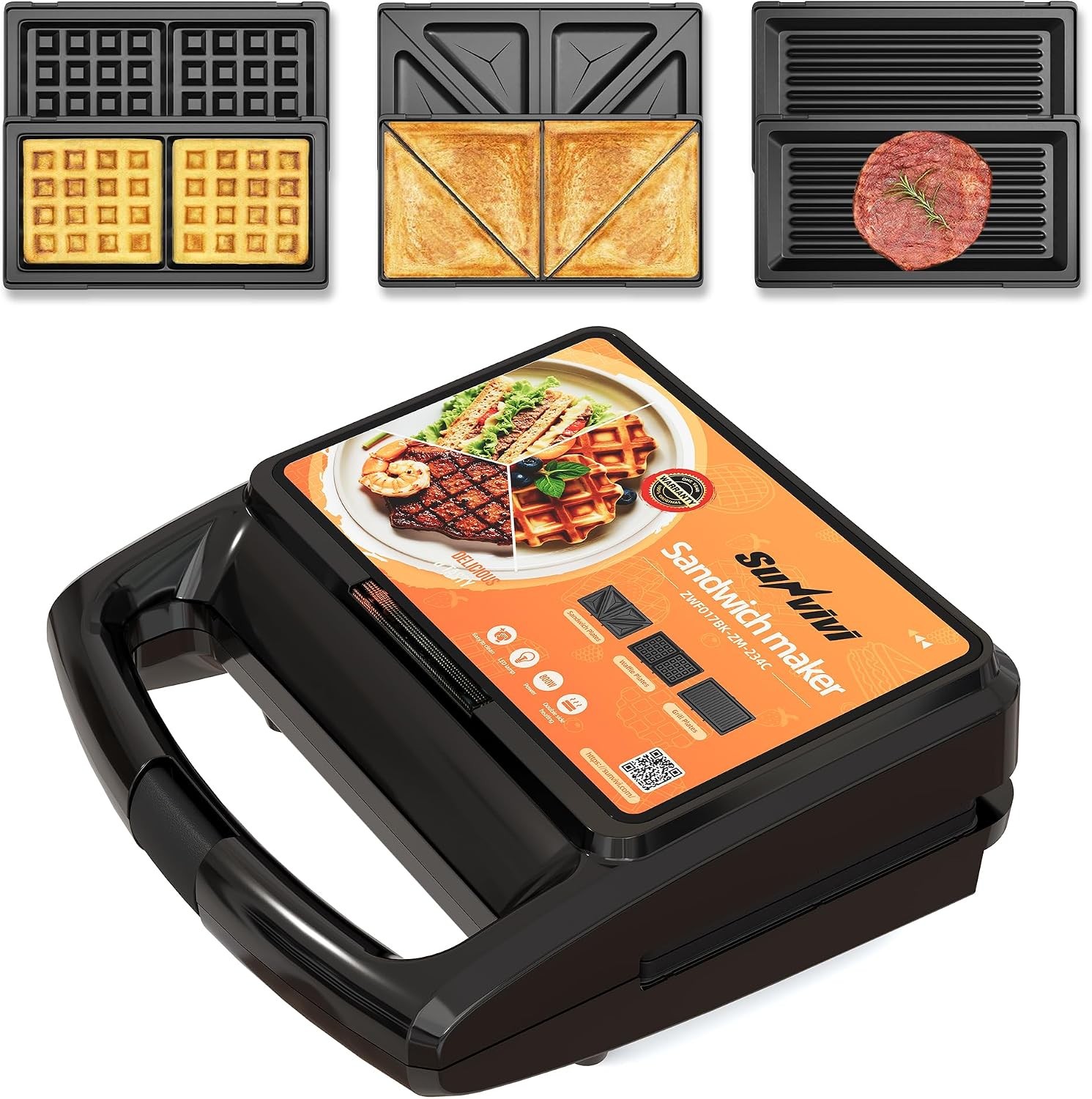 3 in 1 Sandwich Maker Electric Waffle Maker W/ Removable Non-stick Plates 800W