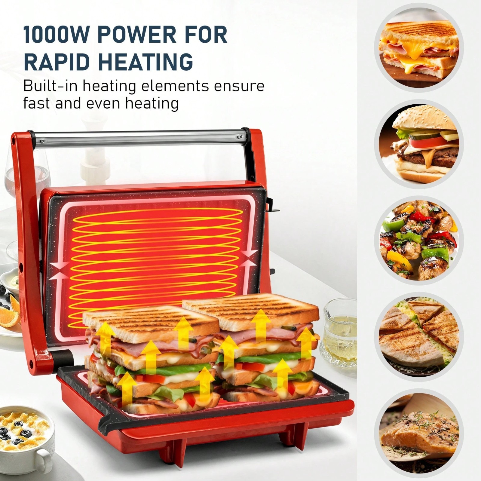 Indoor Electric Grill Sandwich Maker Nonstick Multi-Purpose Grill Pan Red
