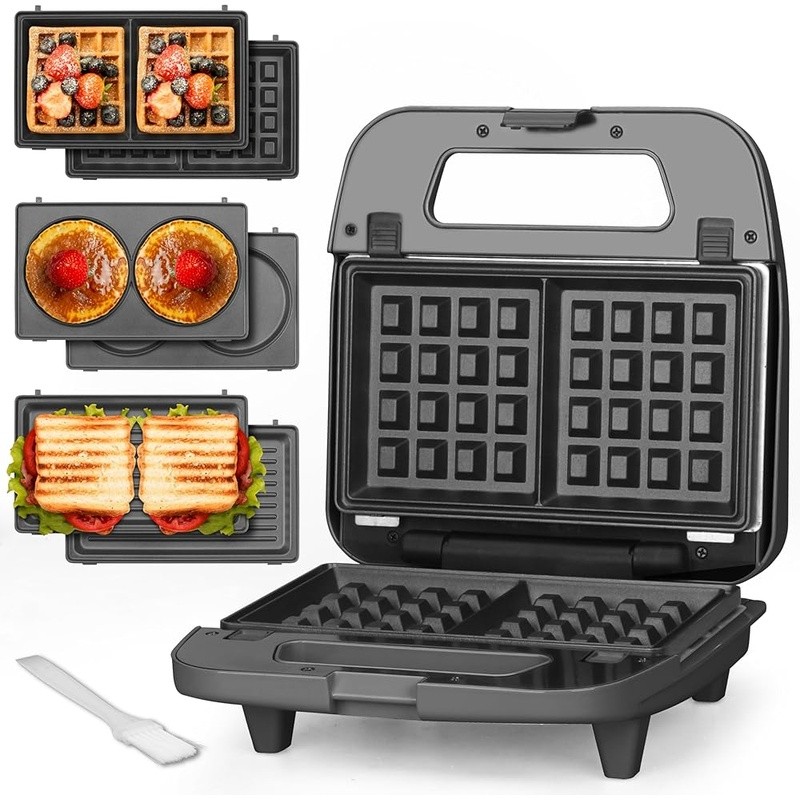 3-in-1 Waffle Maker Electric Non-Stick Grill Pancake Plates Recipe Booklet New