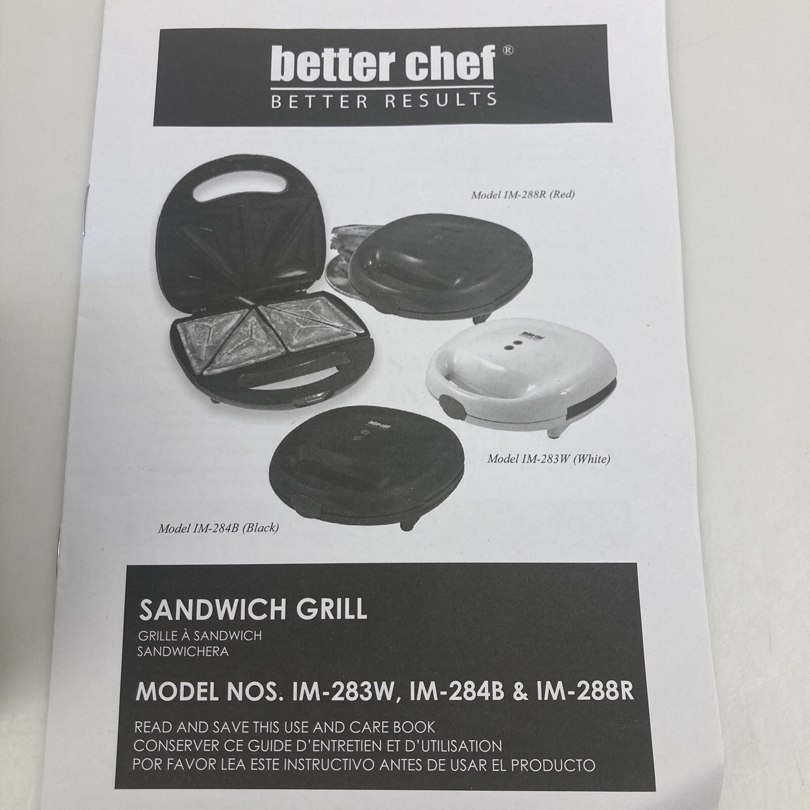 Better Chef Non Stick Cooking Surface Hot Sandwich Grill Model IM-288R Red NIB