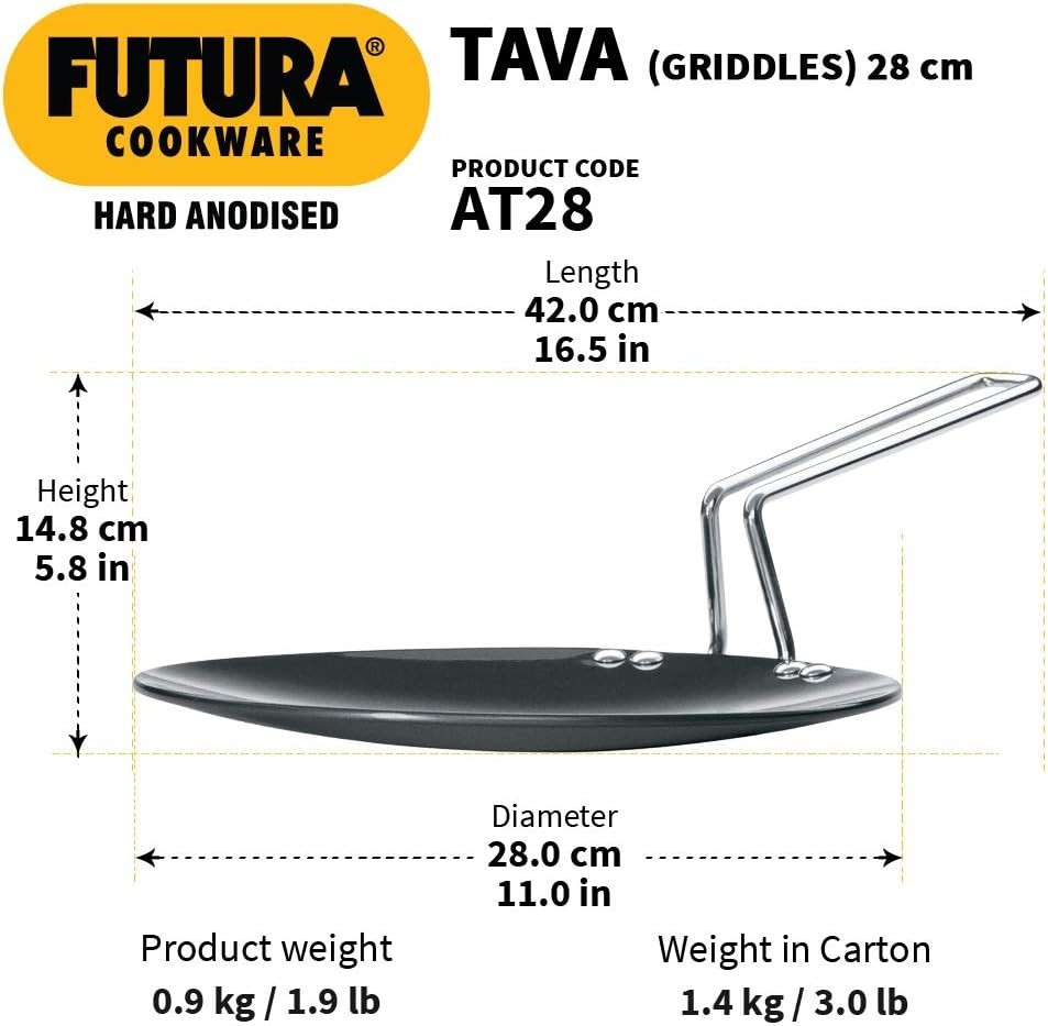 Hawkins Futura 28 cm Tava, Hard Anodised Tawa w/ Stainless Steel Handle – Black