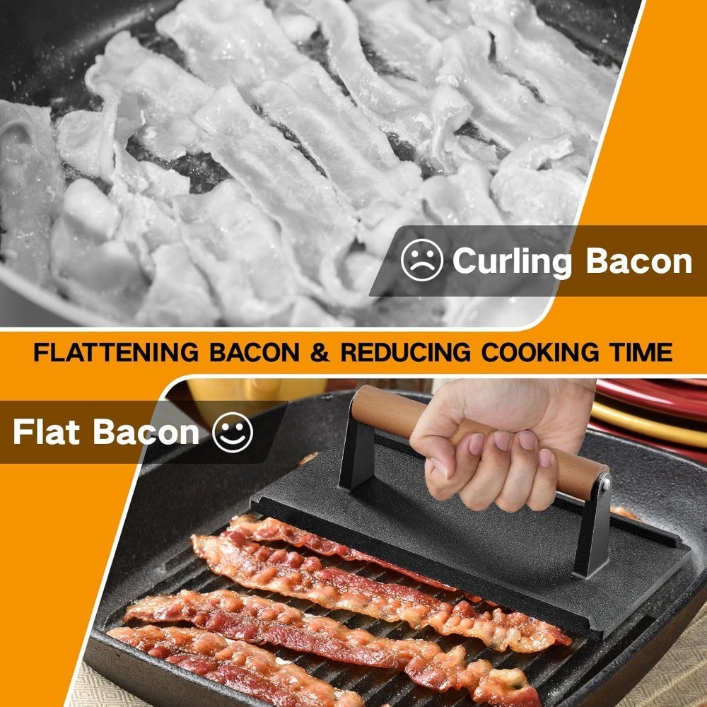 Heavy Duty Cast Iron Grill Press with Wood Handle for Bacon Burger Steak