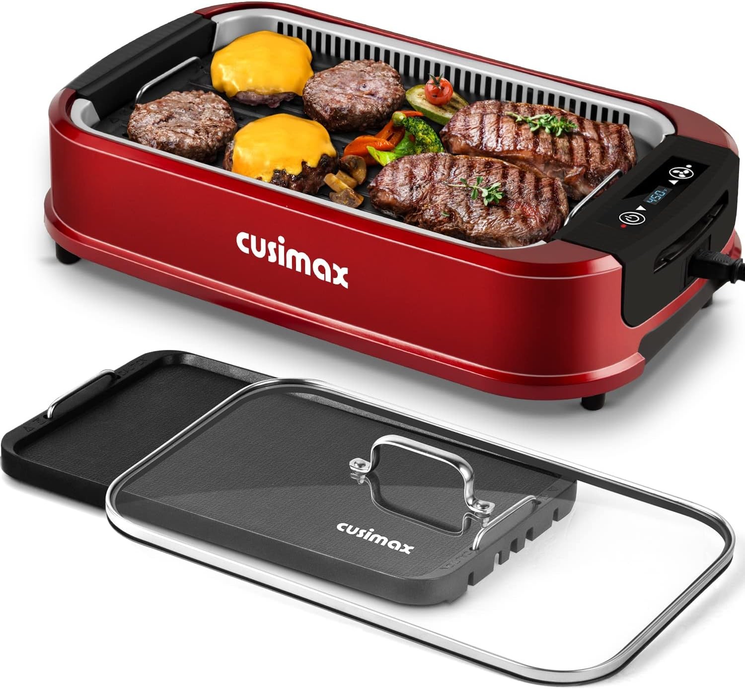Indoor smokeless electric oven, non-stick removable baking tray and pan, red