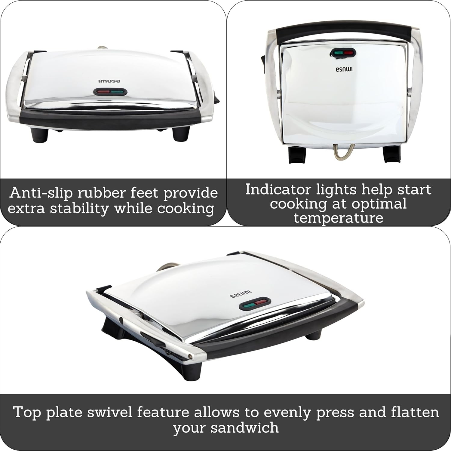 IMUSA PANINI PRESS SANDWICH MAKER Ceramic Nonstick Plates Stainless Steel 12×10″