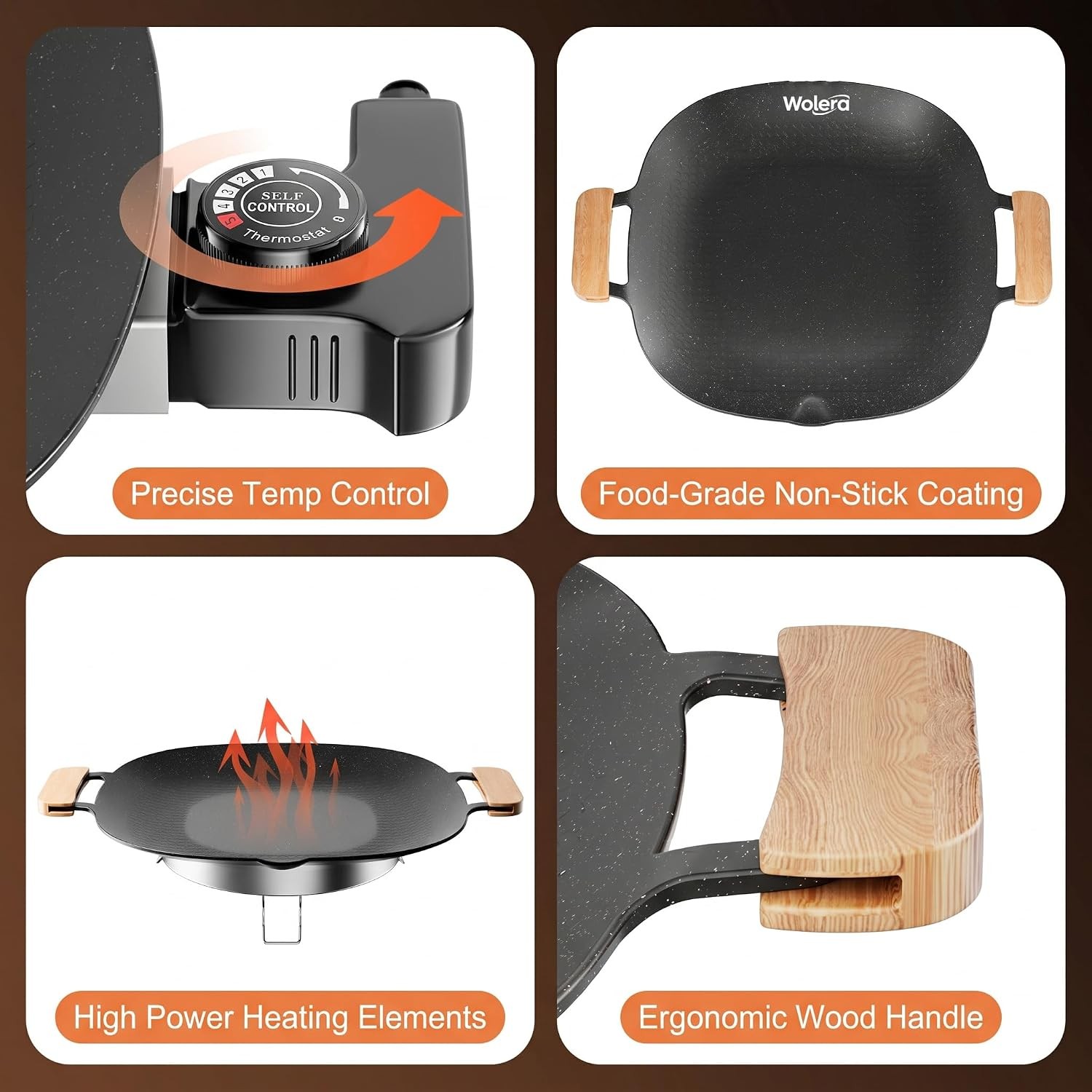 Smokeless Electric BBQ Grill Wood Handles Adjustable Temp | Electric nonstick
