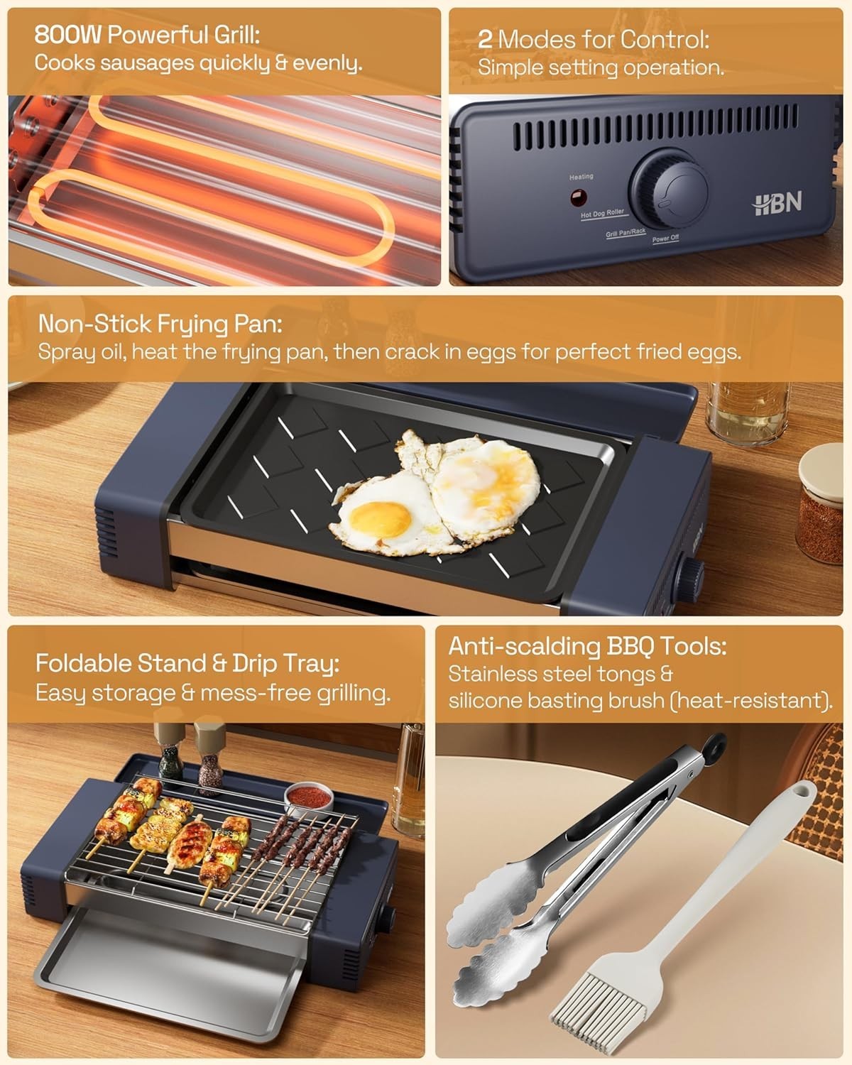 3-in-1 Hot Dog Roller Grill Machine W/ Nonstick Plate & Grill Rack 800W Compact