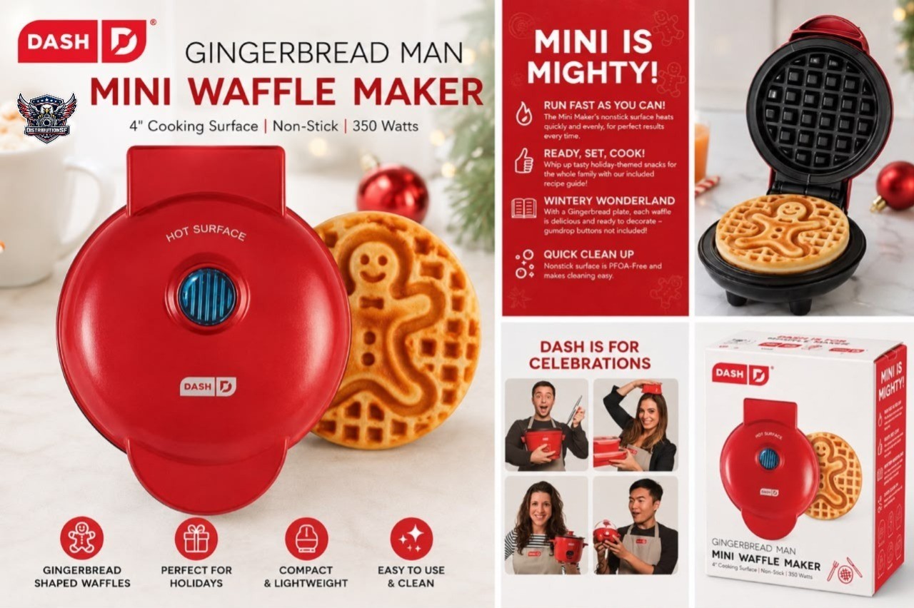 Dash Gingerbread Mini Waffle Maker 4″ Cooking Surface Non-stick 350 Watts Red.