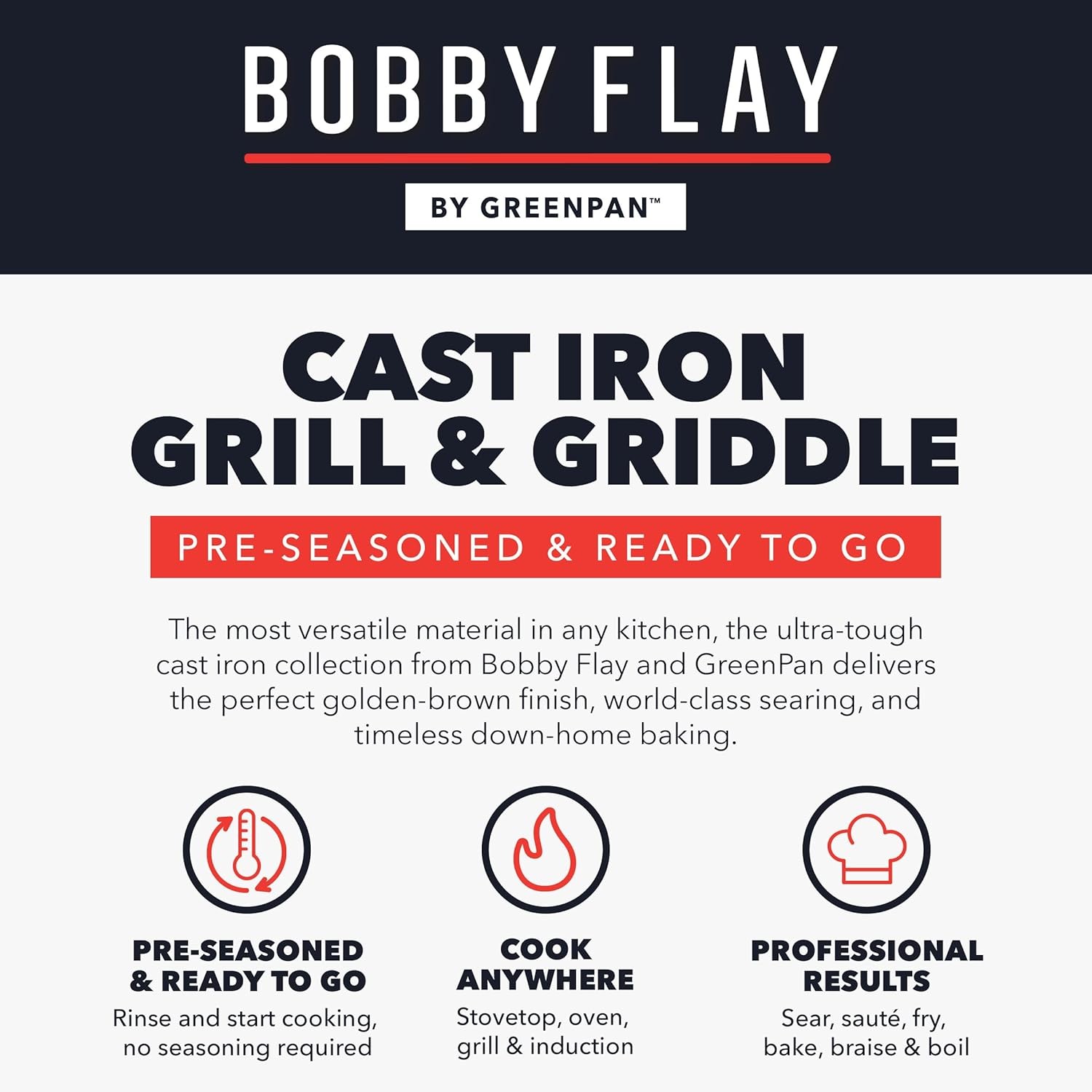 x Bobby Flay Cast Iron Pre-Seasoned 16.5 x 9.5” Reversible Double Burner Griddle