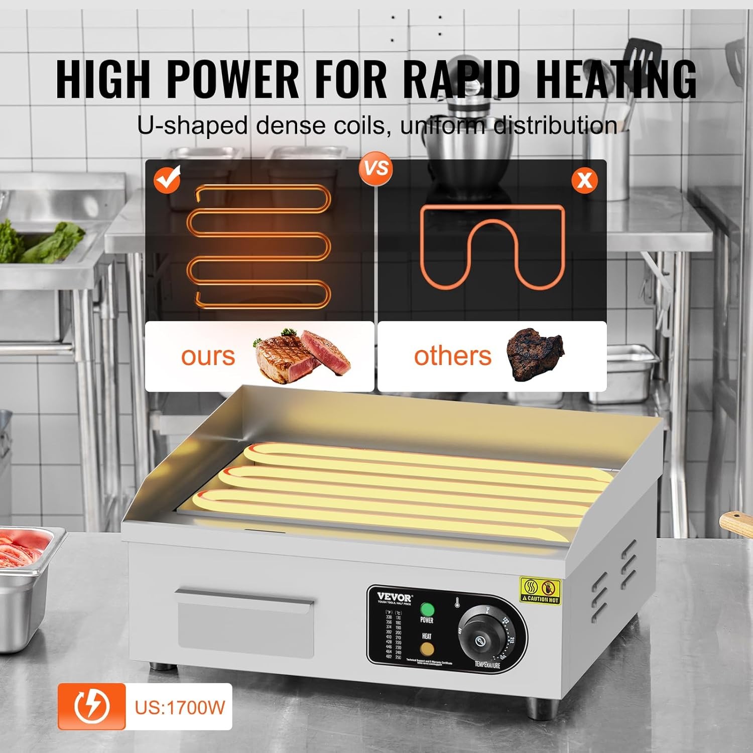 1700W Commercial Electric Griddle 18in Stainless Steel Flat Top Adjustable Temp