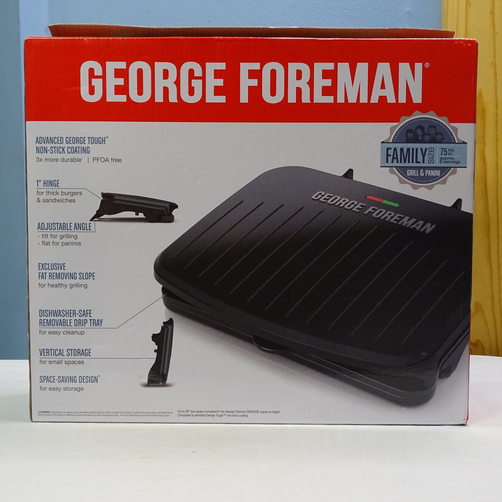 George Foreman Family Size Grill & Panini GRS075B, 75 sq in – New, Open Box