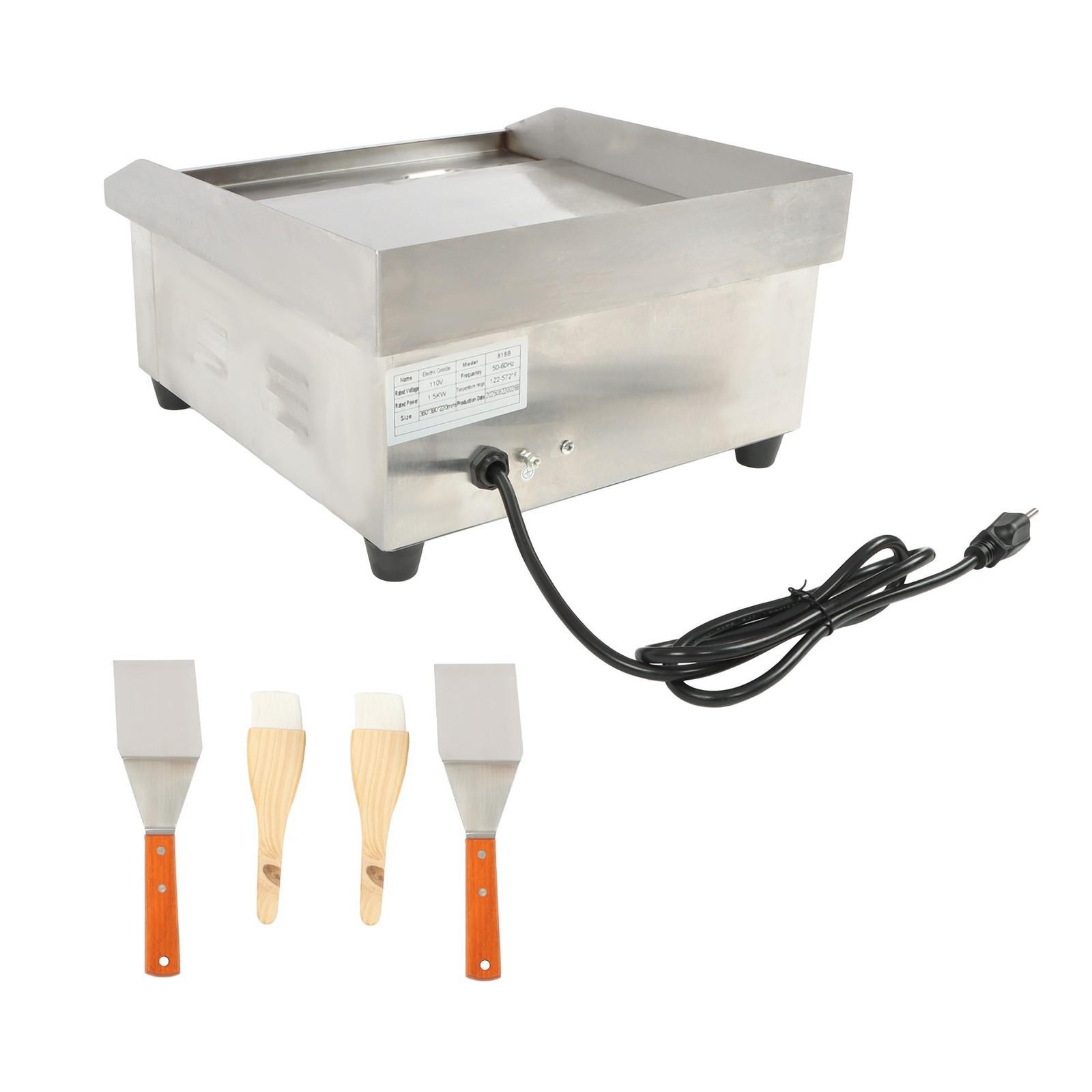Adjustable Temp Electric Griddle, 1500W, 14in Stainless Steel Flat Grill