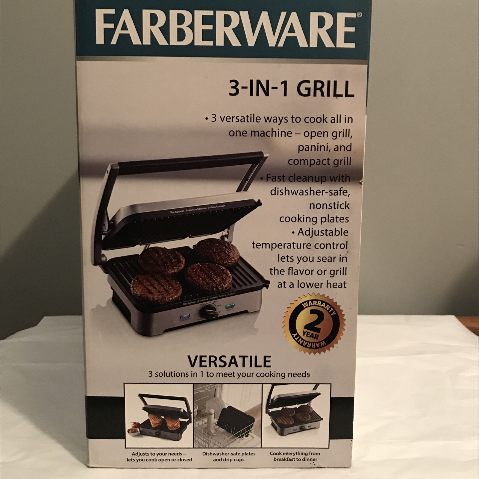Farberware 3-in-1 NonStick Grill Panini Press Compact Grill Dishwasher Safe New