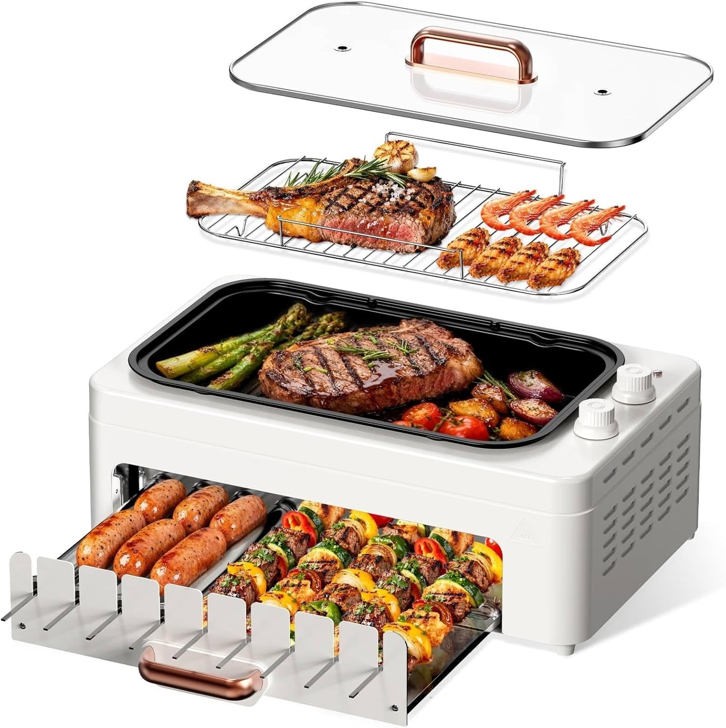 4-in-1 Electric Indoor Grill Smokeless for Home,Countertop Electric Grill with R
