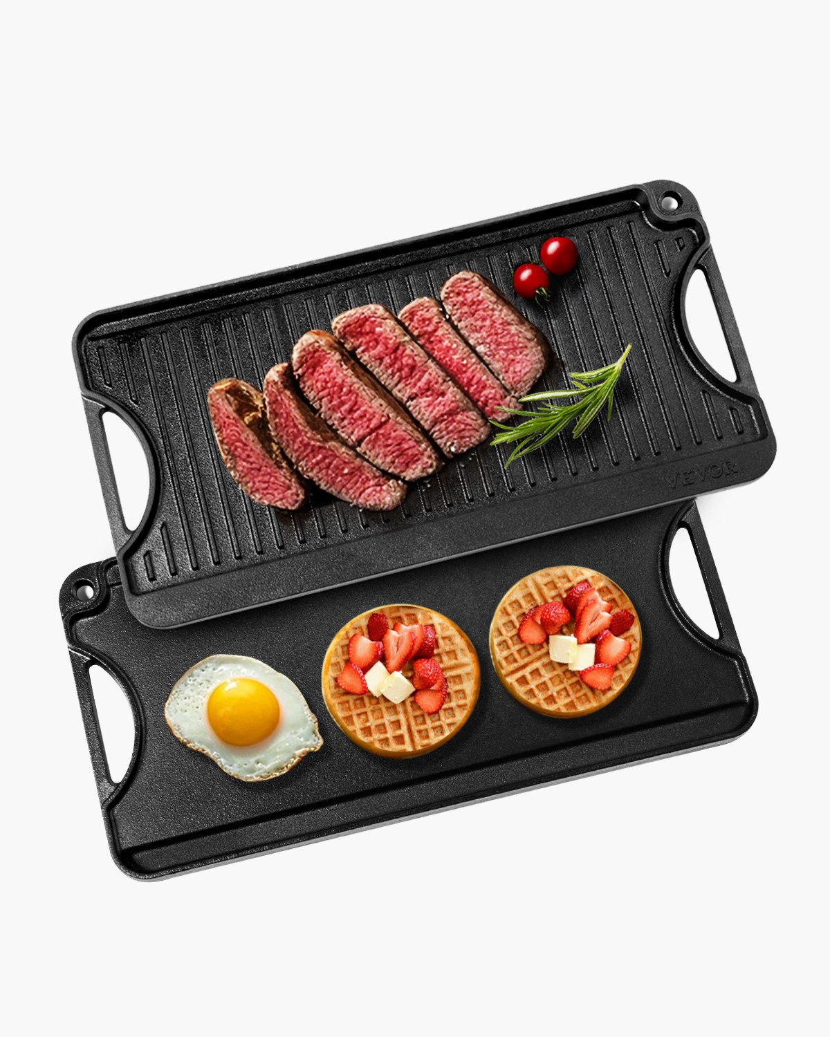 VEVOR 20x10in Reversible Grill Griddle Pre-Seasoned Rectangular BBQ Pan Cast