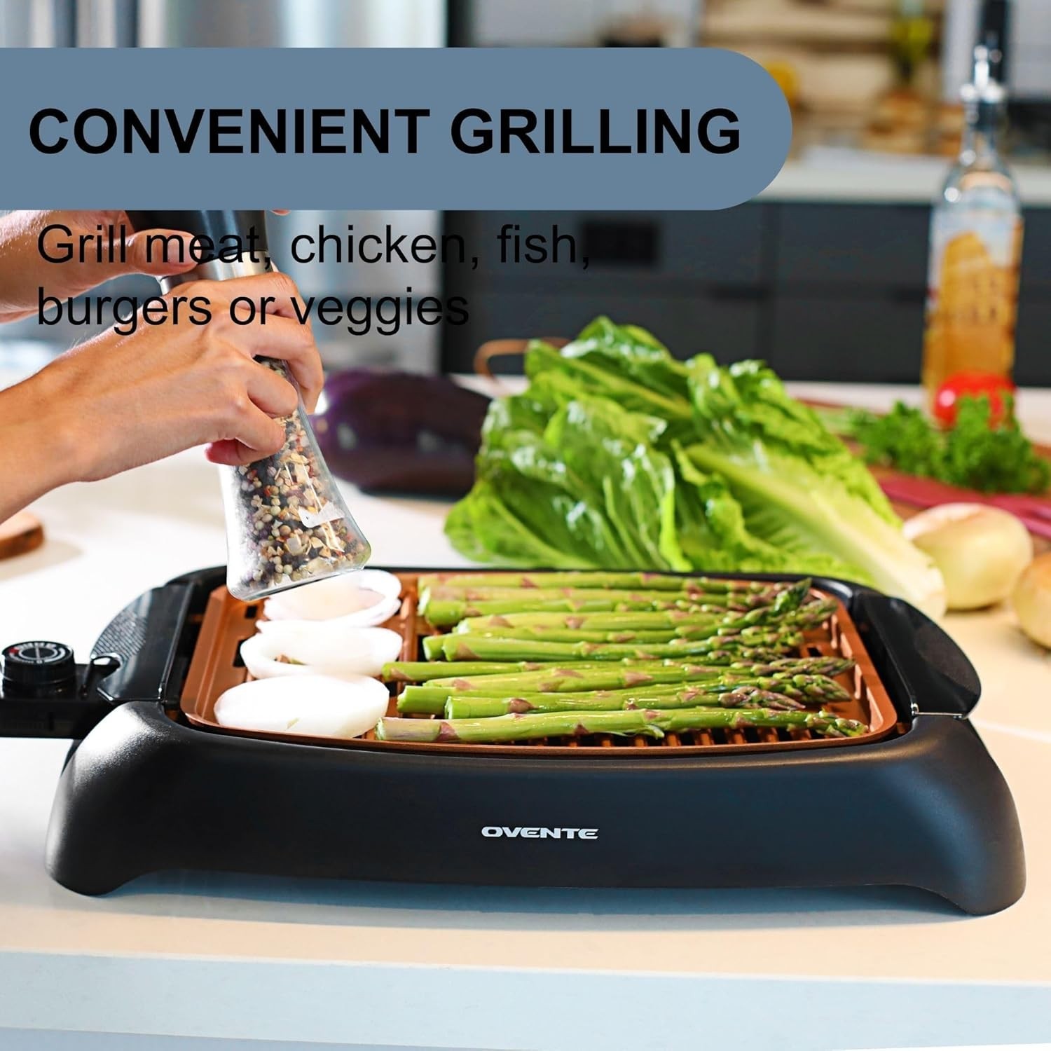 Ovente Copper Indoor Electric Grill 13×10 Non-Stick – 1000W Fast Heating