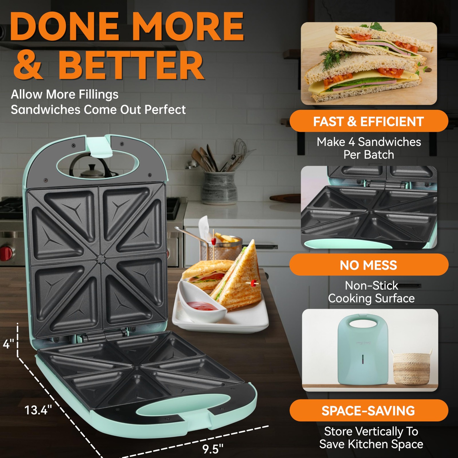 Electric Breakfast Sandwich Maker 4 Slice Panini Grill Press Aqua Kitchen Tool