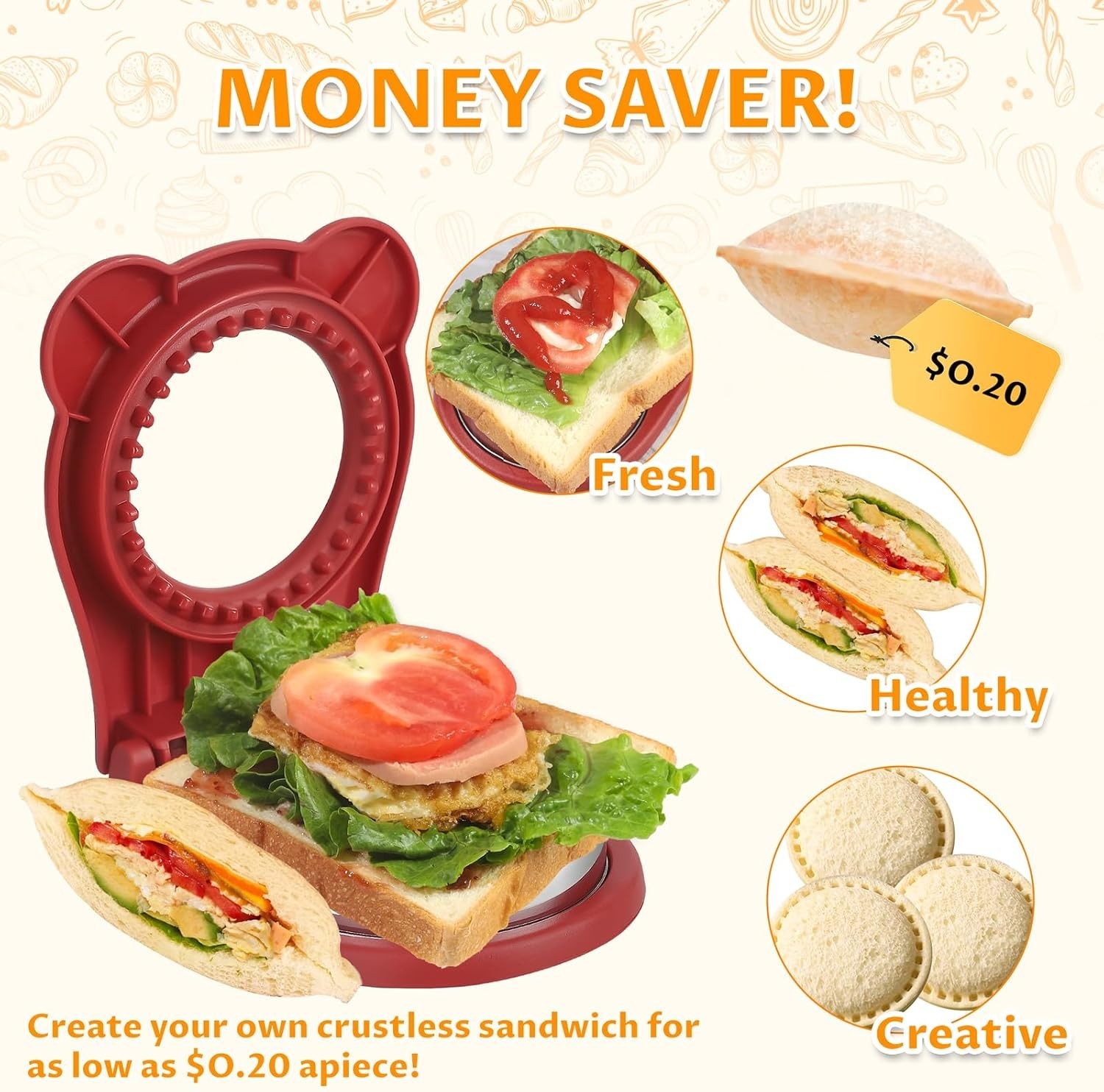 Easy-to-Clean Uncrustable Sandwich Cutter & Sealer – Red for Kids’ Lunchboxes