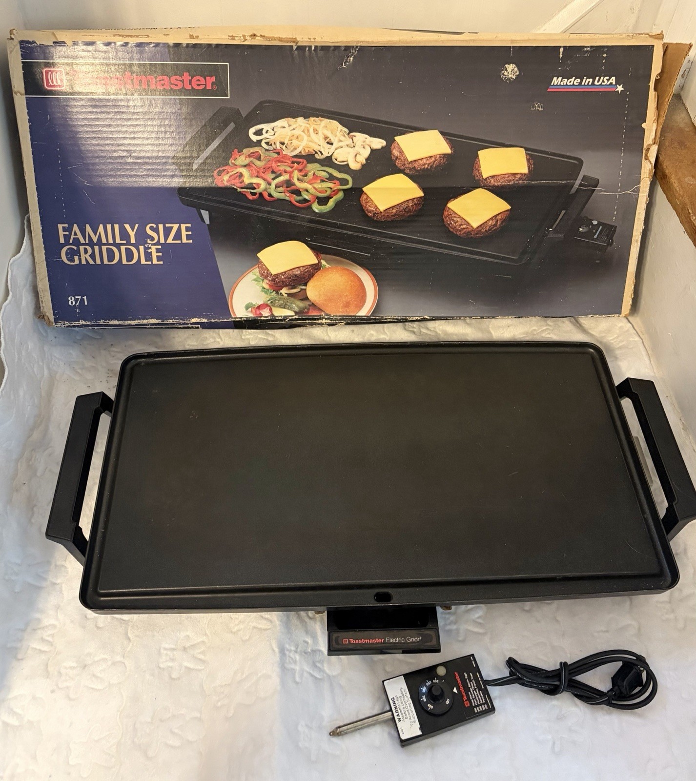 Toastmaster FAMILY SIZE GRIDDLE Model 871 USA – 12 x 21.5 top – in BOX – NICE!