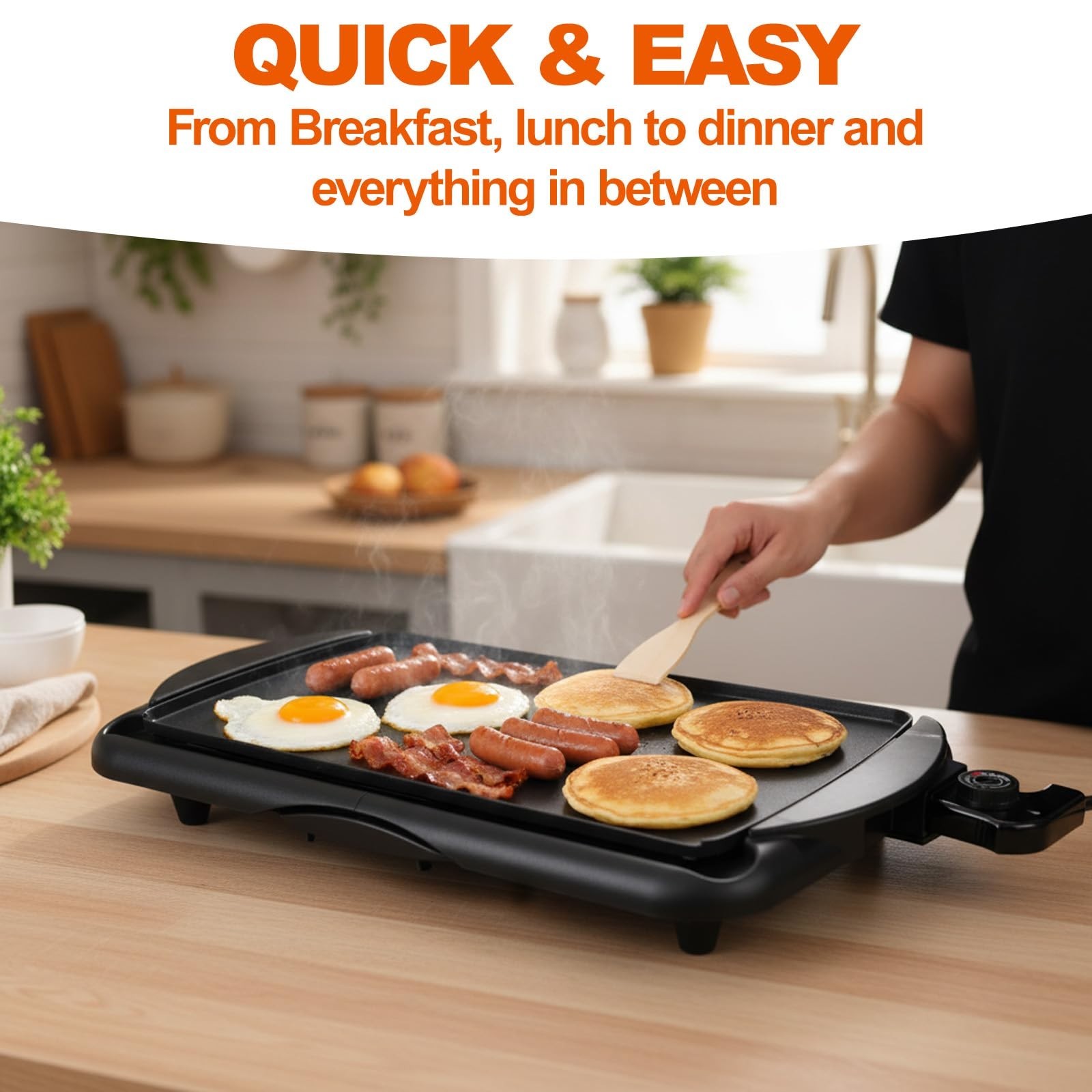 20″ Electric Griddle Non-Stick Skillet, 1400W Family Size, Adjustable Temp, Drip