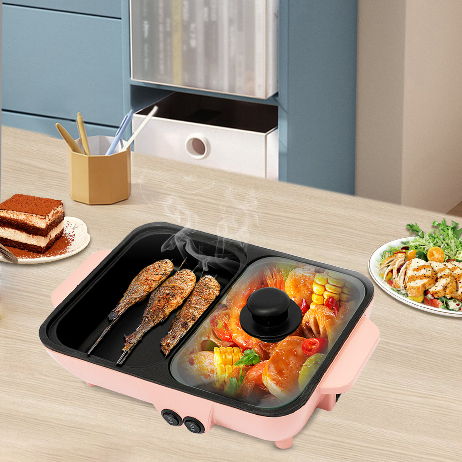 2in1 Electric Hot Pot 1200W Non-Stick Korean BBQ Plate Pan Shabu Grill Barbecue