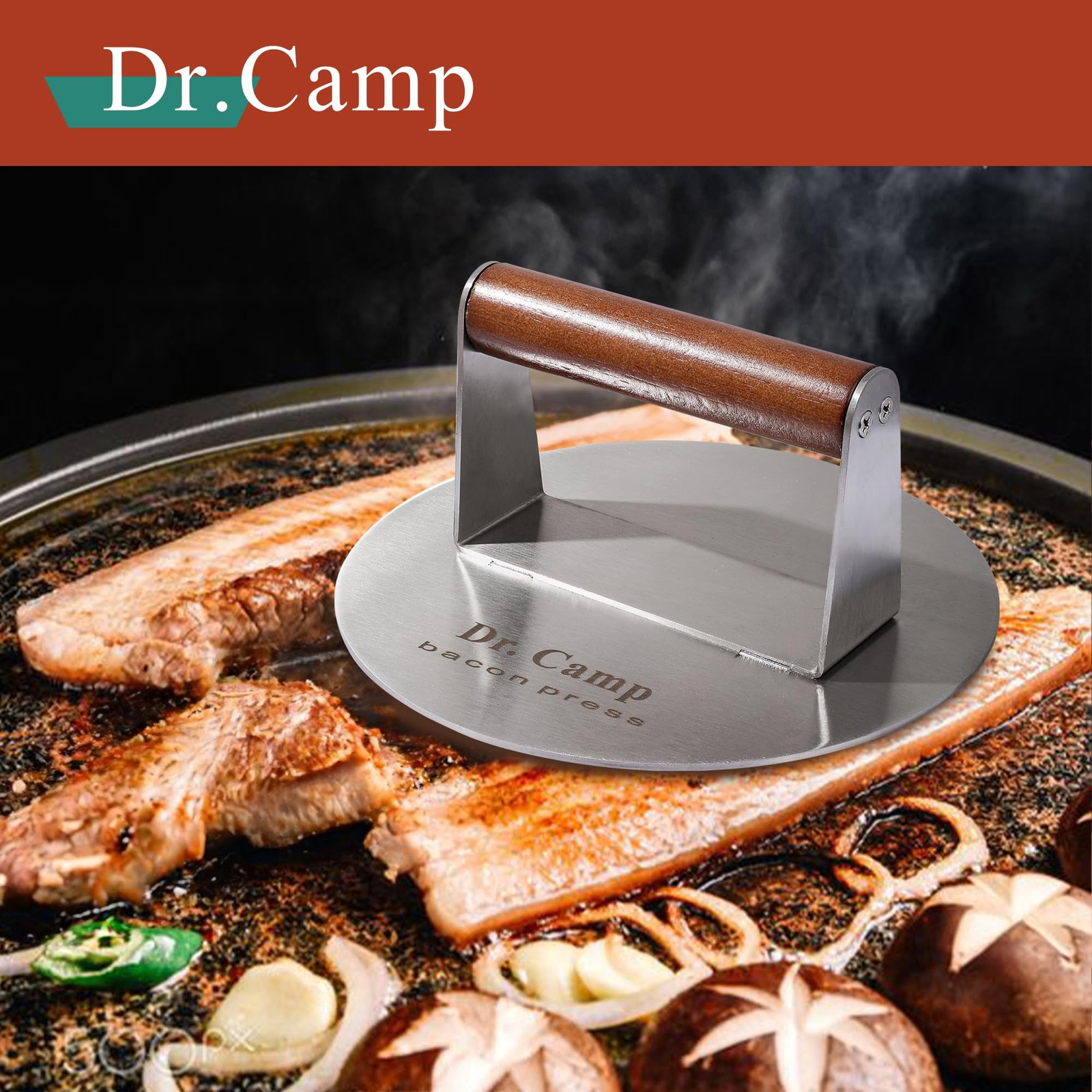 Dr.Camp 7 Inch Stainless Steel Smash Burger Press Smasher Bacon Silver