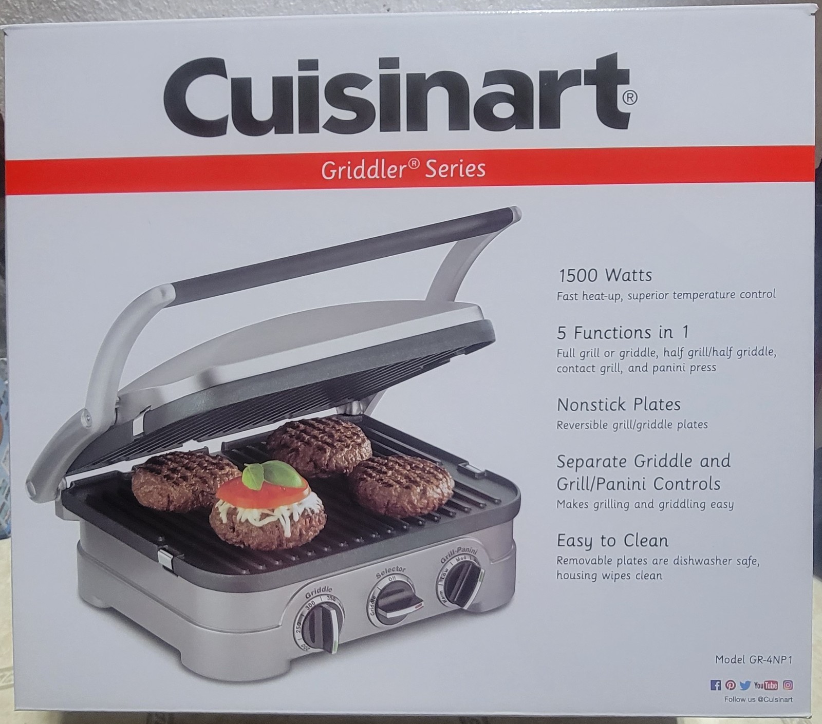 CUISINART GRIDDLER SERIES, SILVER, 1500 WATTS, 5 FUNCTIONS, MODEL GR-4NP1, GREAT
