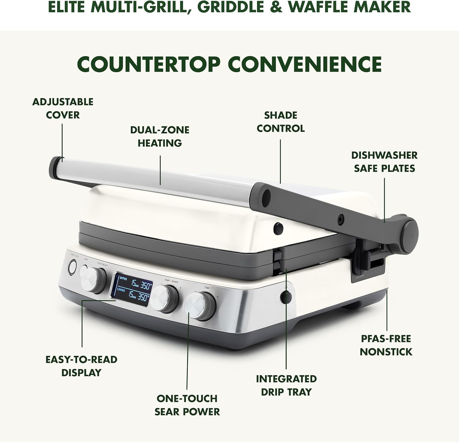 Elite 7-in-1 Nonstick Contact Grill & Griddle, PFAS-Free, Cream White