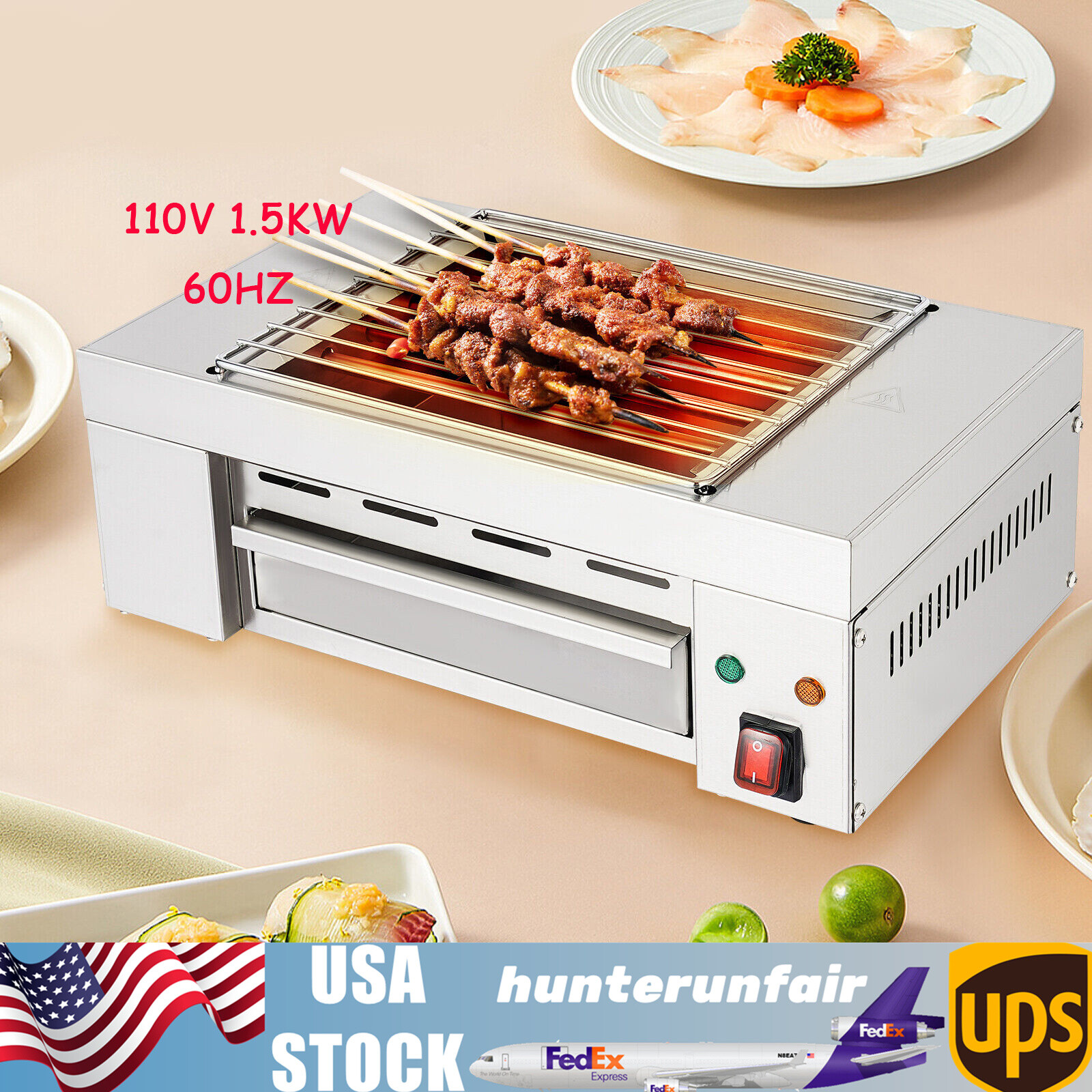Modern Barbecue Electric Grill Indoor Grill SUS201 Stainless Steel 1500W W/ Tray