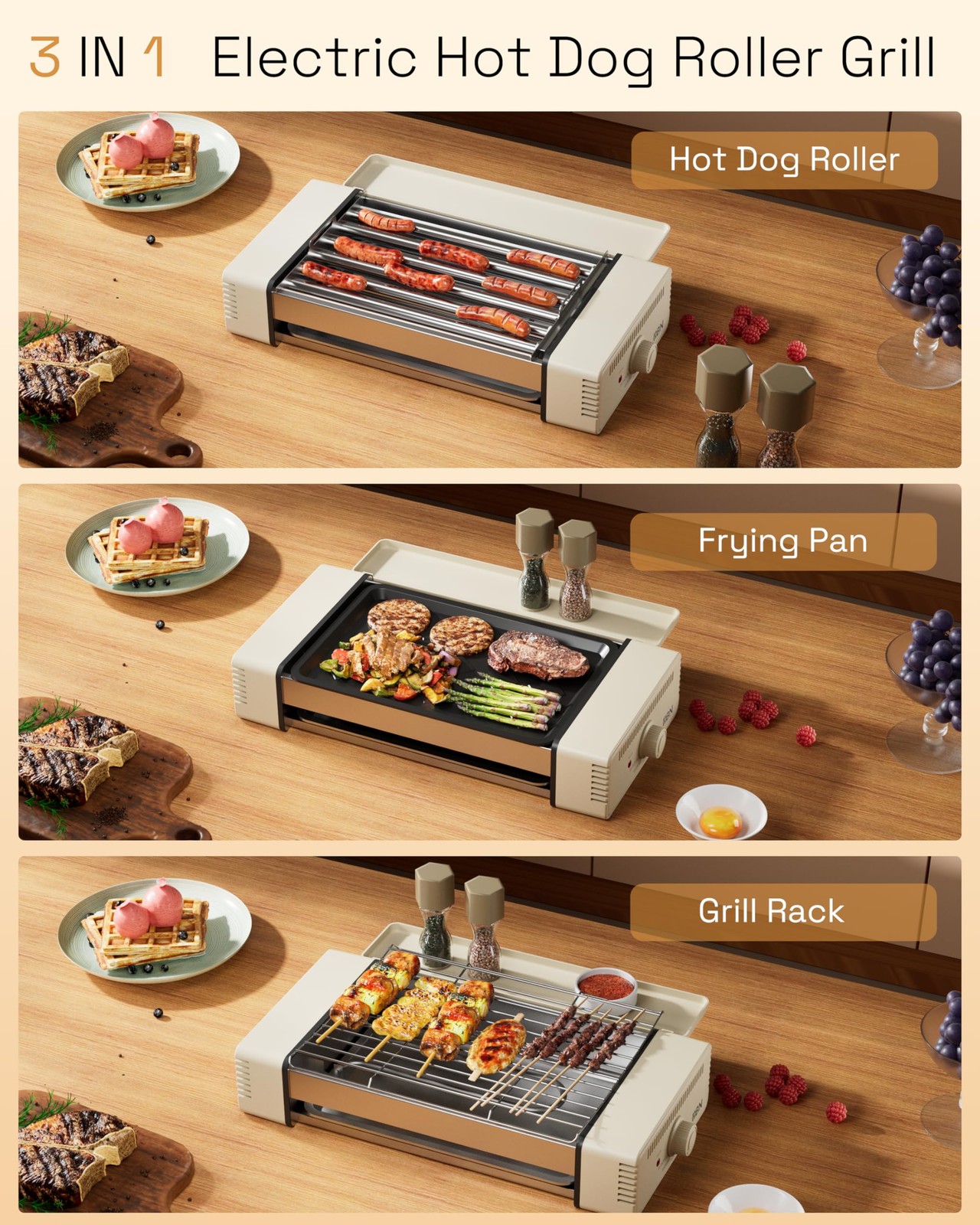 3-in-1 Hot Dog Roller Grill Machine with Nonstick Plate & Grill Rack, 800W Co…
