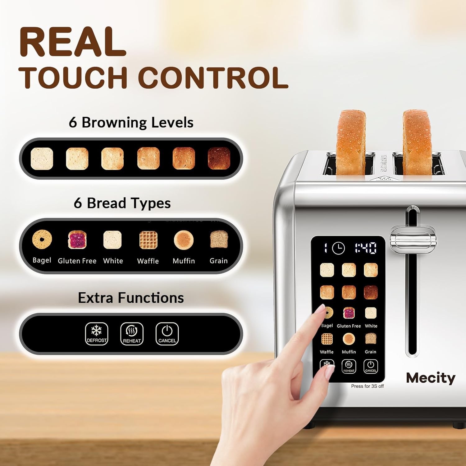 Mecity 2 Slice Toaster Touch Screen 1.5″ Wide Slot, Stainless Steel