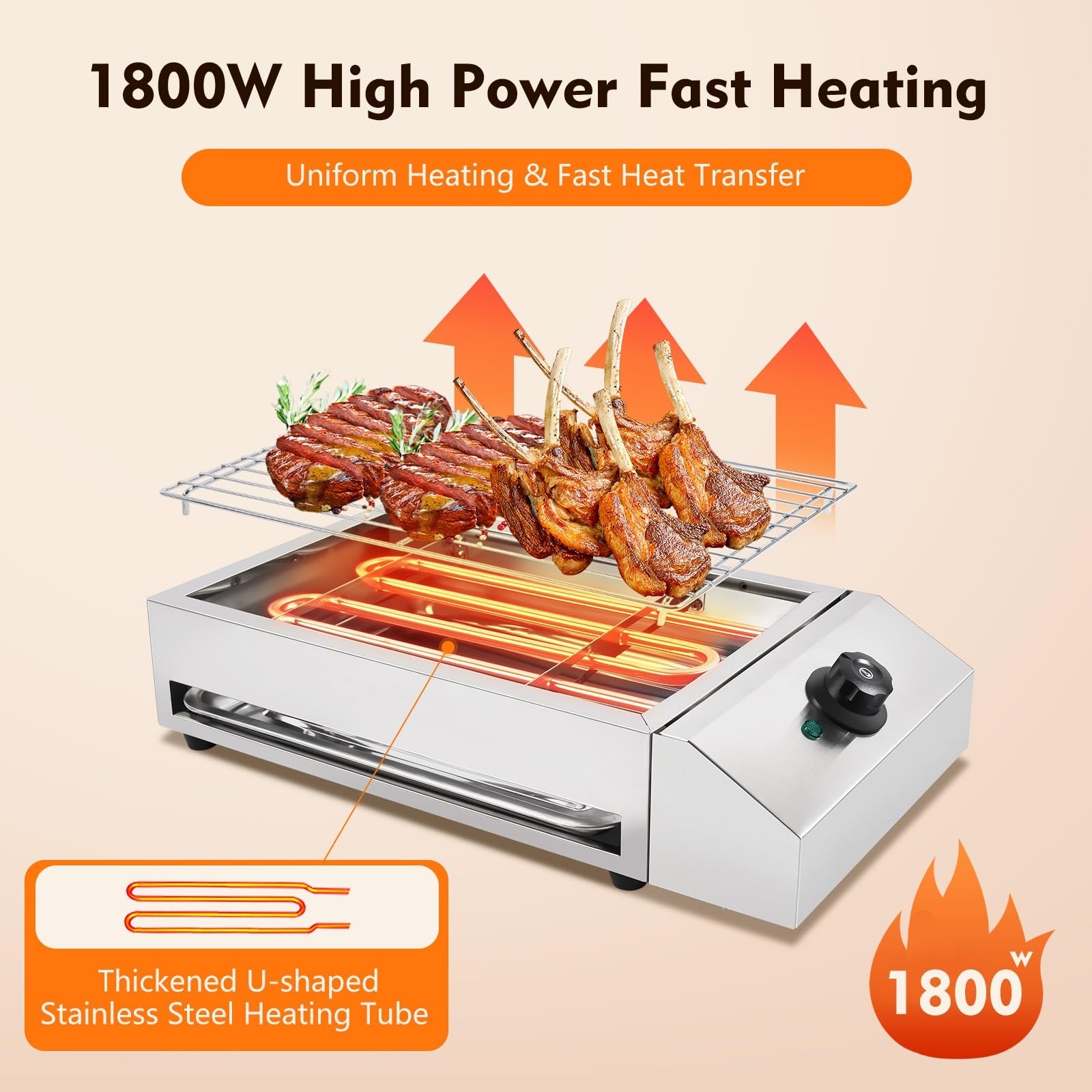 1800W Smokeless Electric BBQ Grill – Stainless Steel Griddle for Indoor/Outdoor