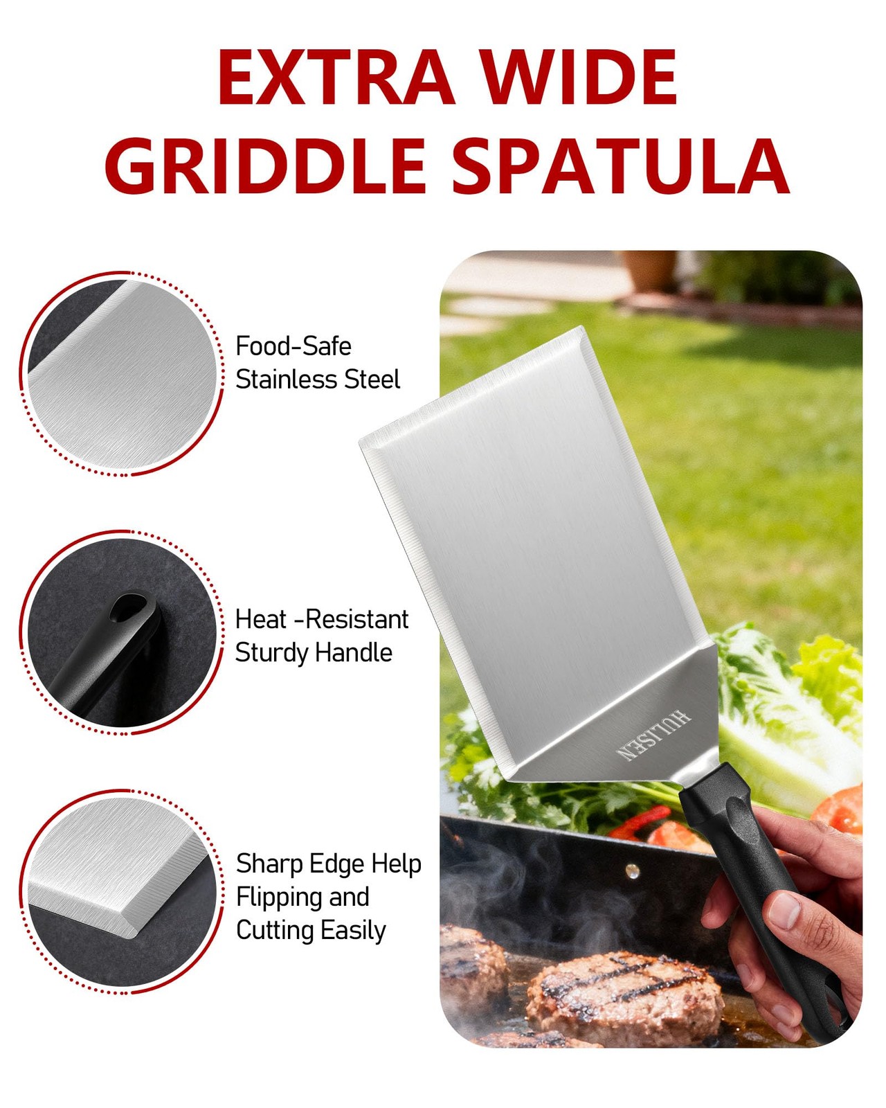 HULISEN Stainless Steel Large Grill Spatula Grilling (1-Pack), Silver