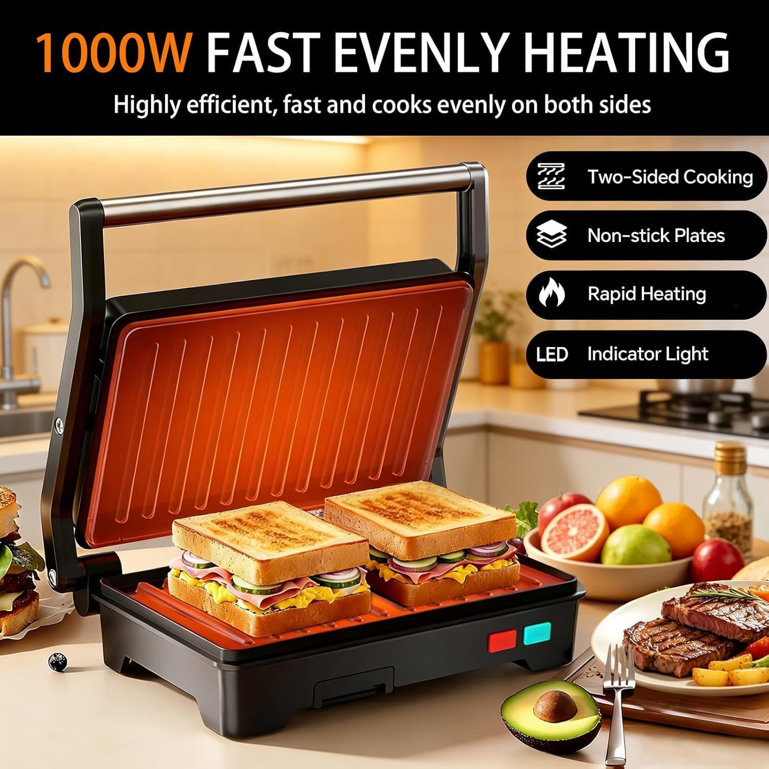 Panini Press Grill, Sandwich Maker with Non-Stick Coated Plates & Removable Drip