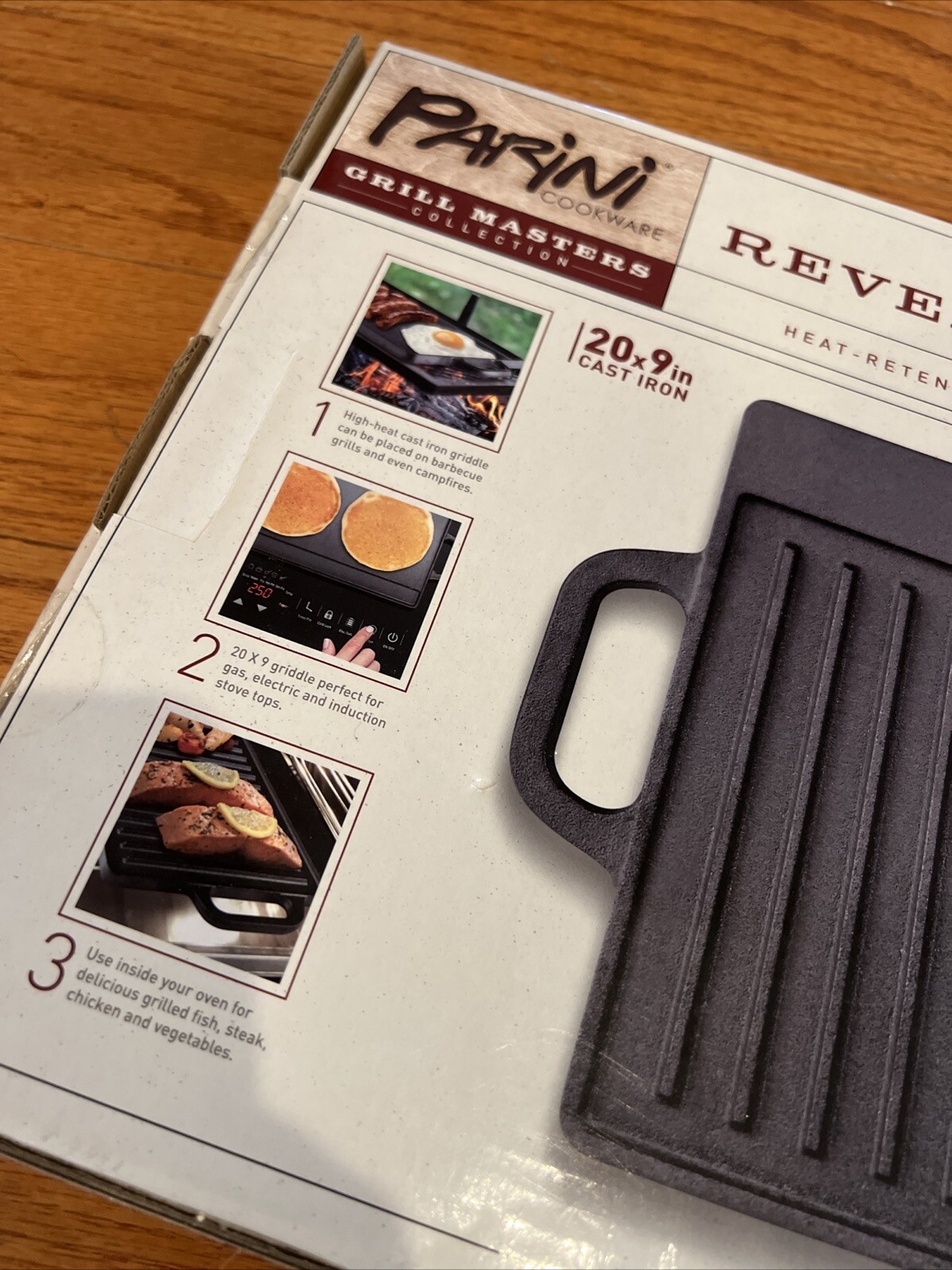 NWT Parini Seasoned cast iron black Reversible Griddle 20″ x 9″