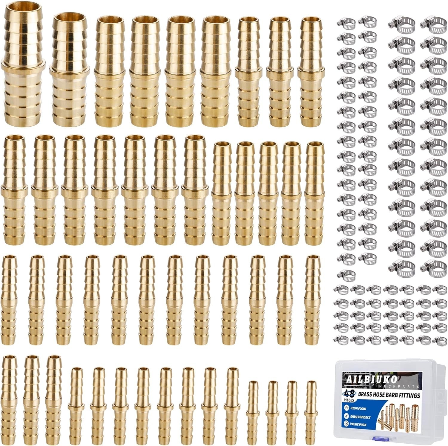 48PCS Brass Hose Barb Fitting,Barb Splicer Mender Hose Fittings 1/8″ 3/16″ 1/4″