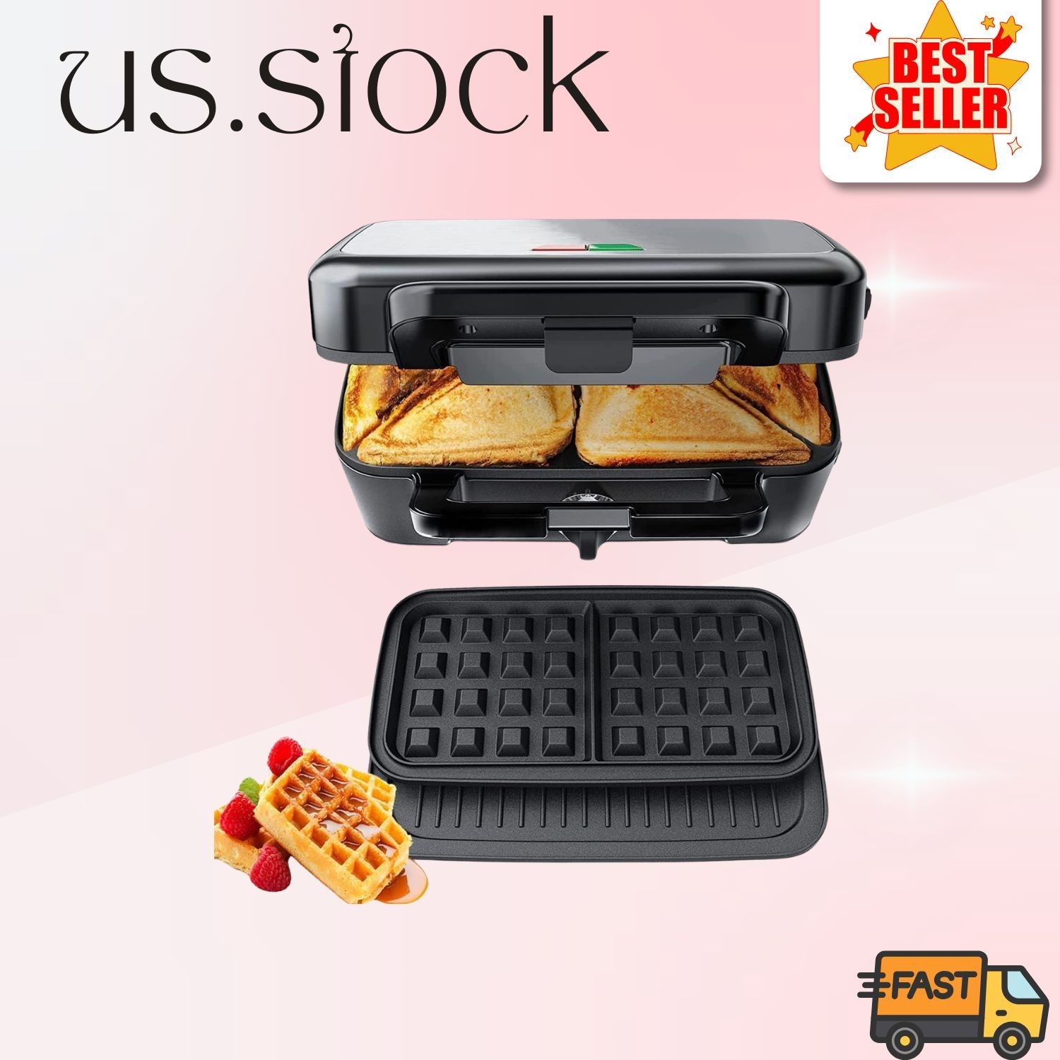 3-in-1 Sandwich & Waffle Maker 1200W – 5 Gear Temp Control, Removable Plates
