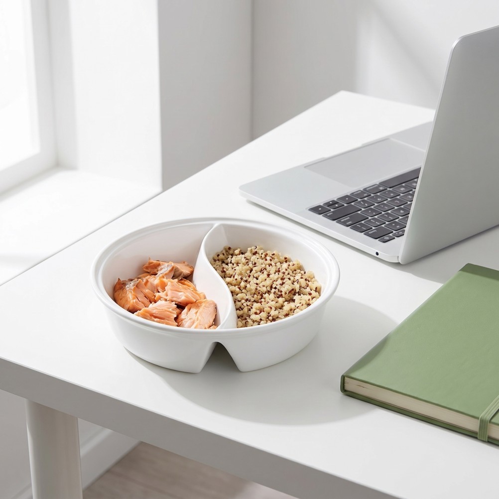 Ceramic Portion Control Dinner Bowl Microwave Safe with Dry Wet Separation White