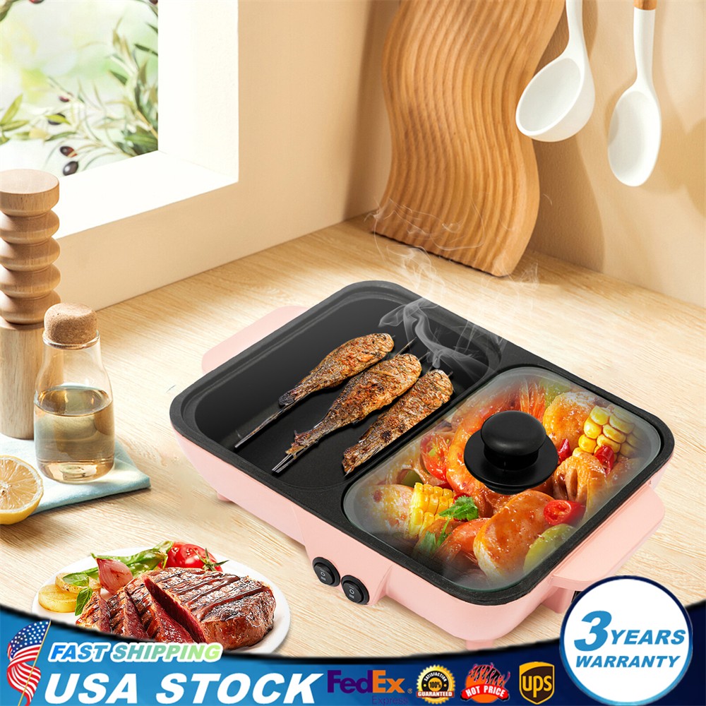 1200W 2-In-1 Electric Hot Pot & Grill Smokeless Korean BBQ Non-Stick Pot w/ Lid