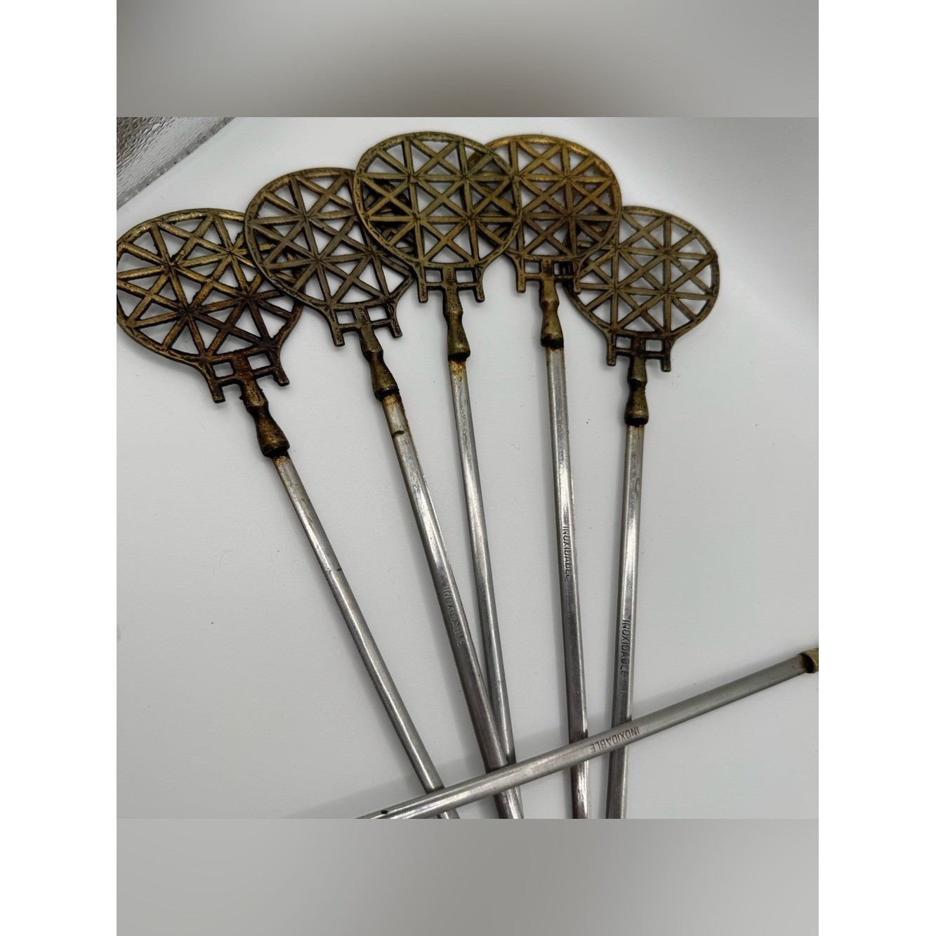 Vintage Brass Turkish Skewers Lot of 6 Inoxidable Stainless Steel Kabob MCM Bar