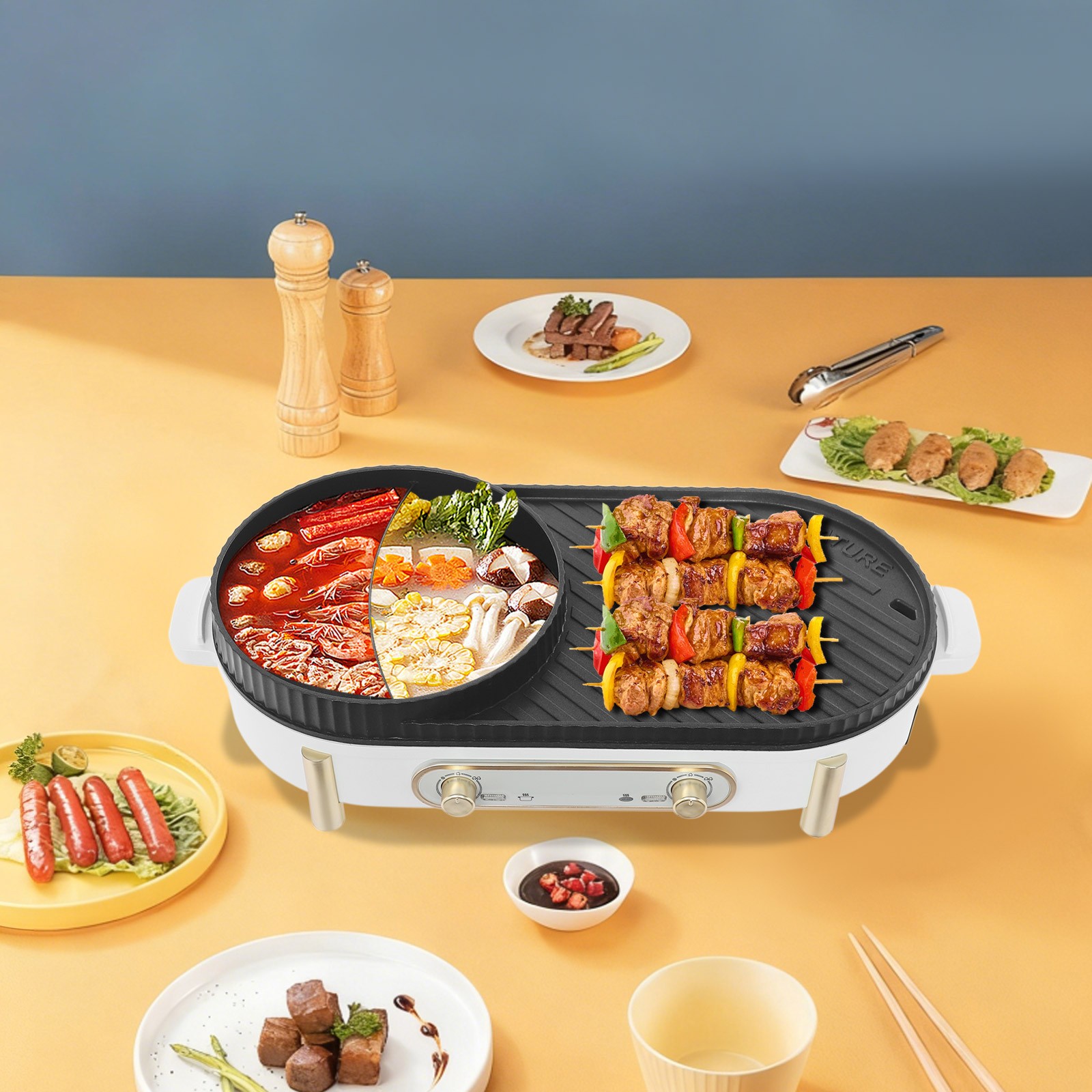 2-in-1 Electric Hotpot Pot and Grill Plate with Independent Temperature Control