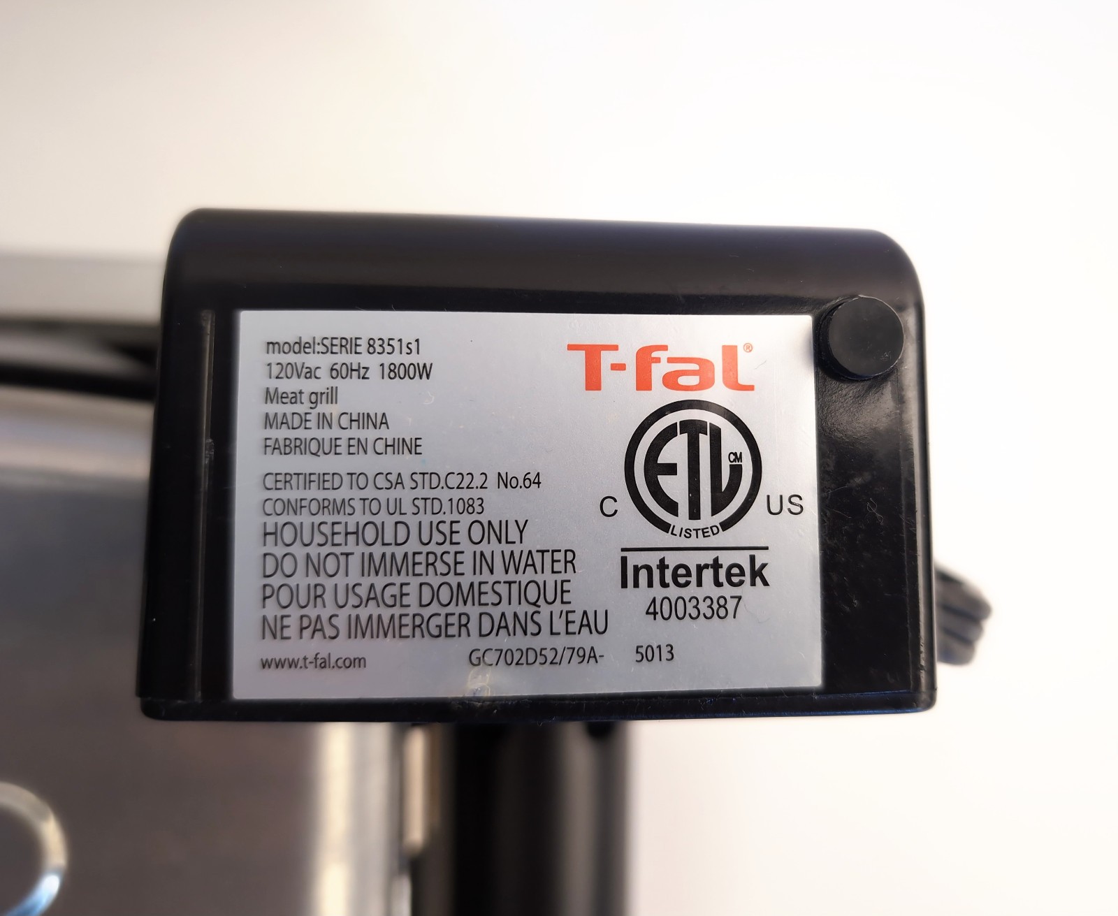 T-Fal OptiGrill SERIES 8351s1 Meat Grill Automatic Sensor Indoor Sandwich Maker