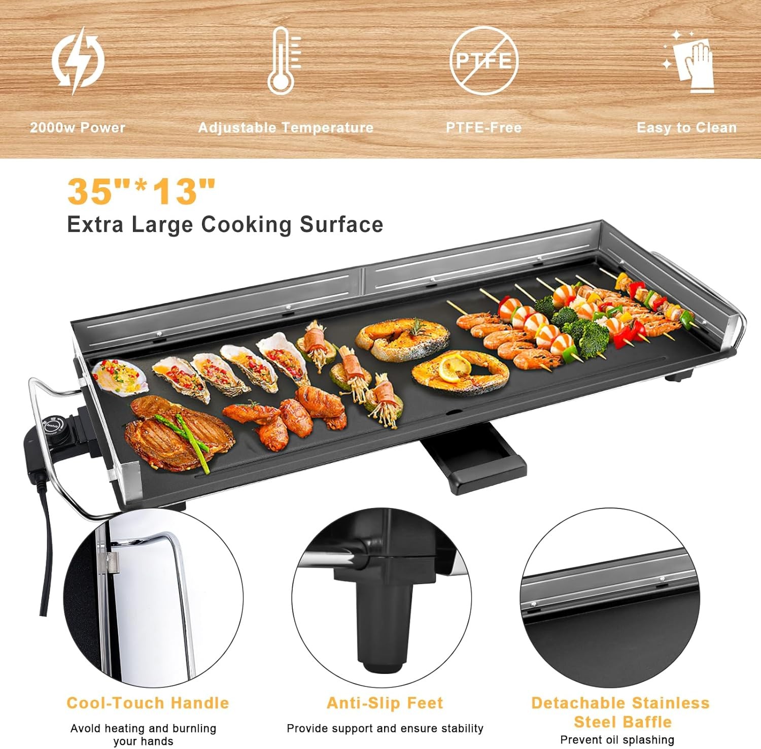 Extra Large 35″ Electric Nonstick Griddle Grill – Indoor/Outdoor BBQ & Easy Clea