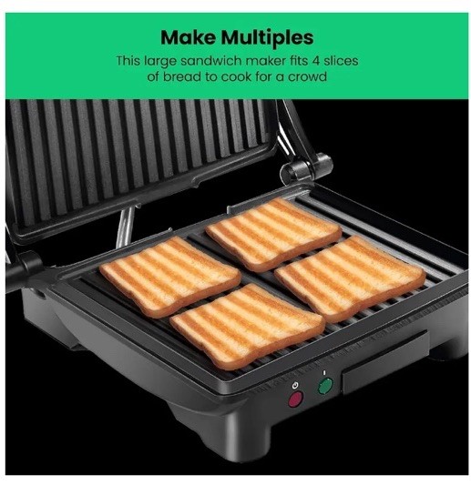 Chefman 3-in-1 Panini Press & Grill,4-Slice Non-Stick,Opens Flat-Stainless Steel