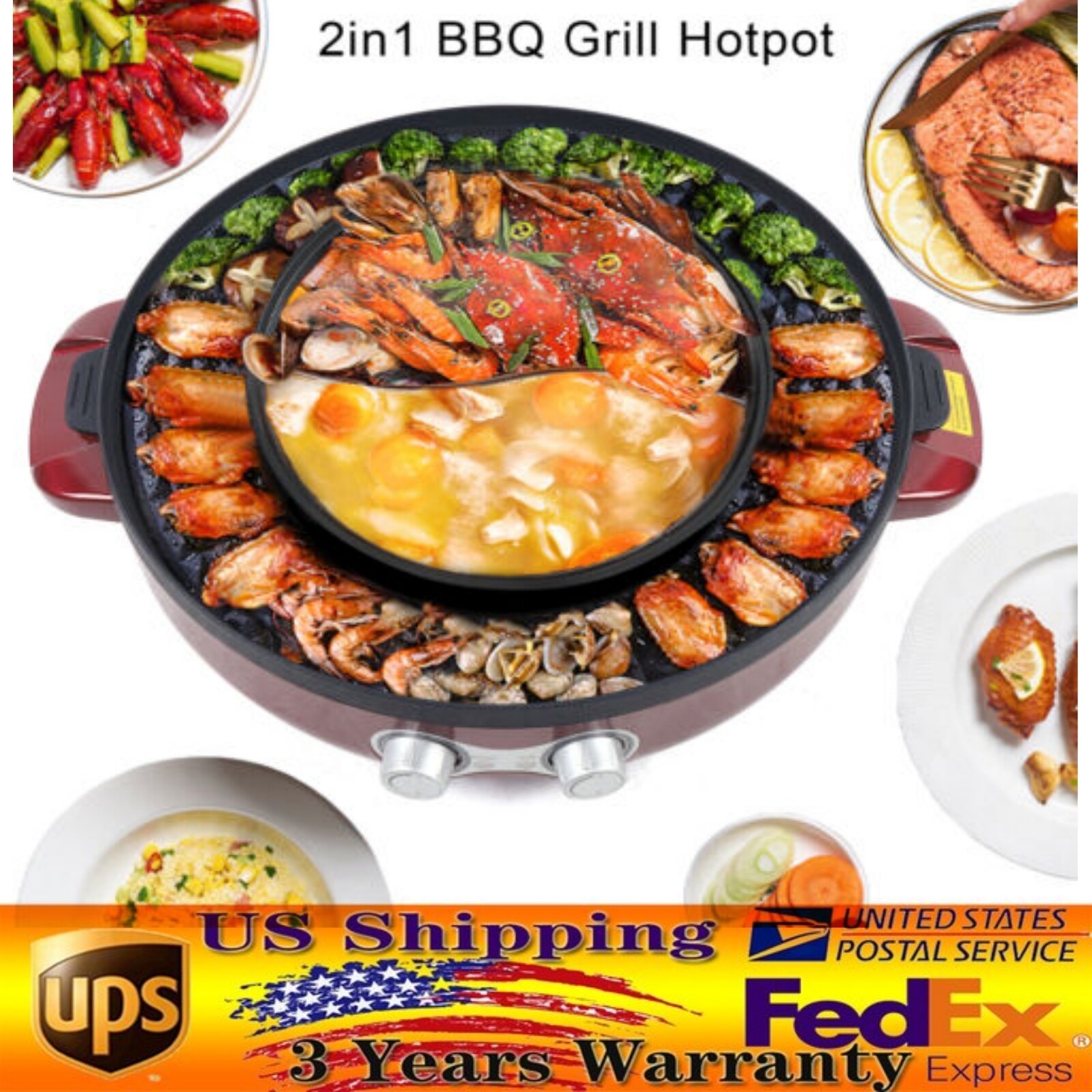 2 in 1 Electric Smokeless Grill and Hot Pot BBQ Grill Soup Shabu Pot 2200W 110V